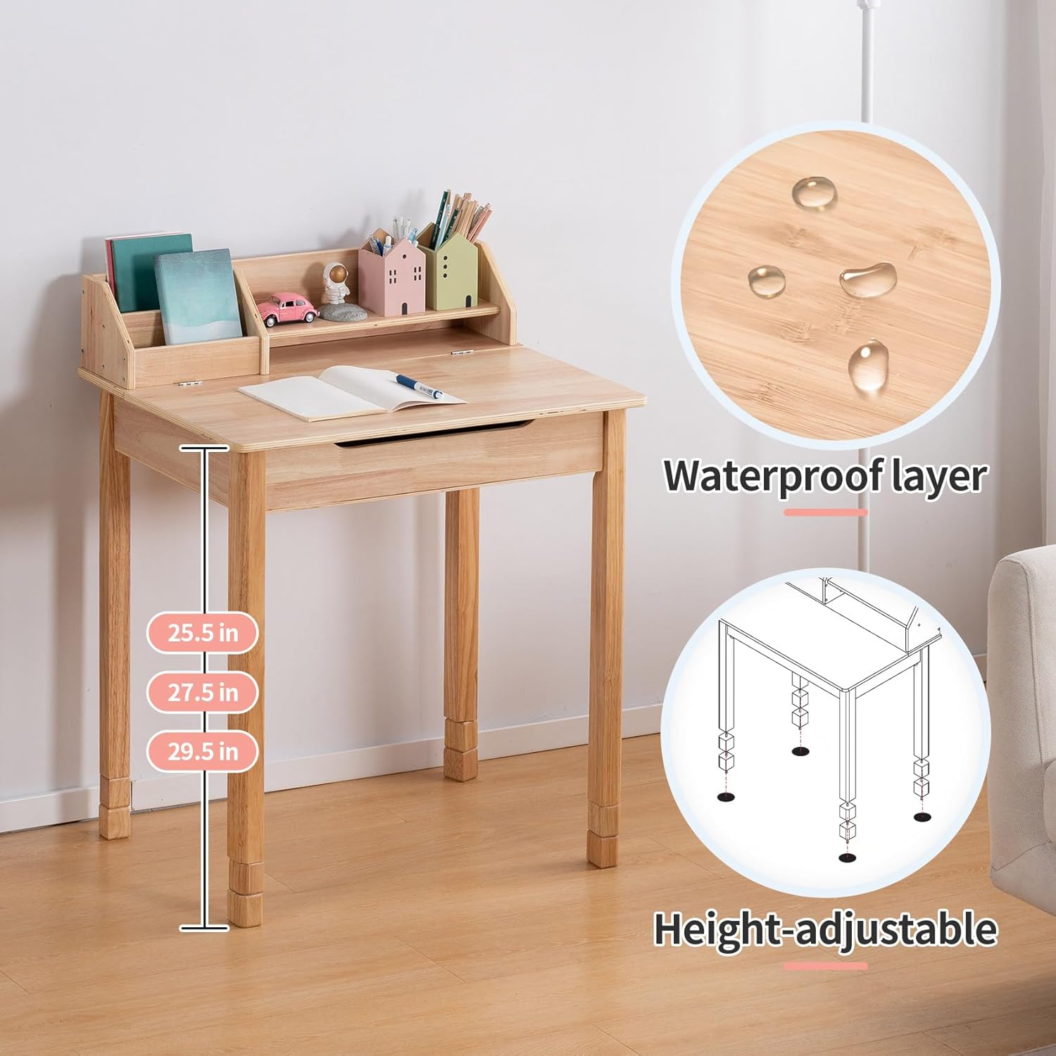 UNICOO Solid Wood Kids Desk and Chair Set, Height Adjustable Children Study Desk with Flip-Top Storage, Book Rack and Hutch, Wooden Writing Table for Reading, Drawing and Homework