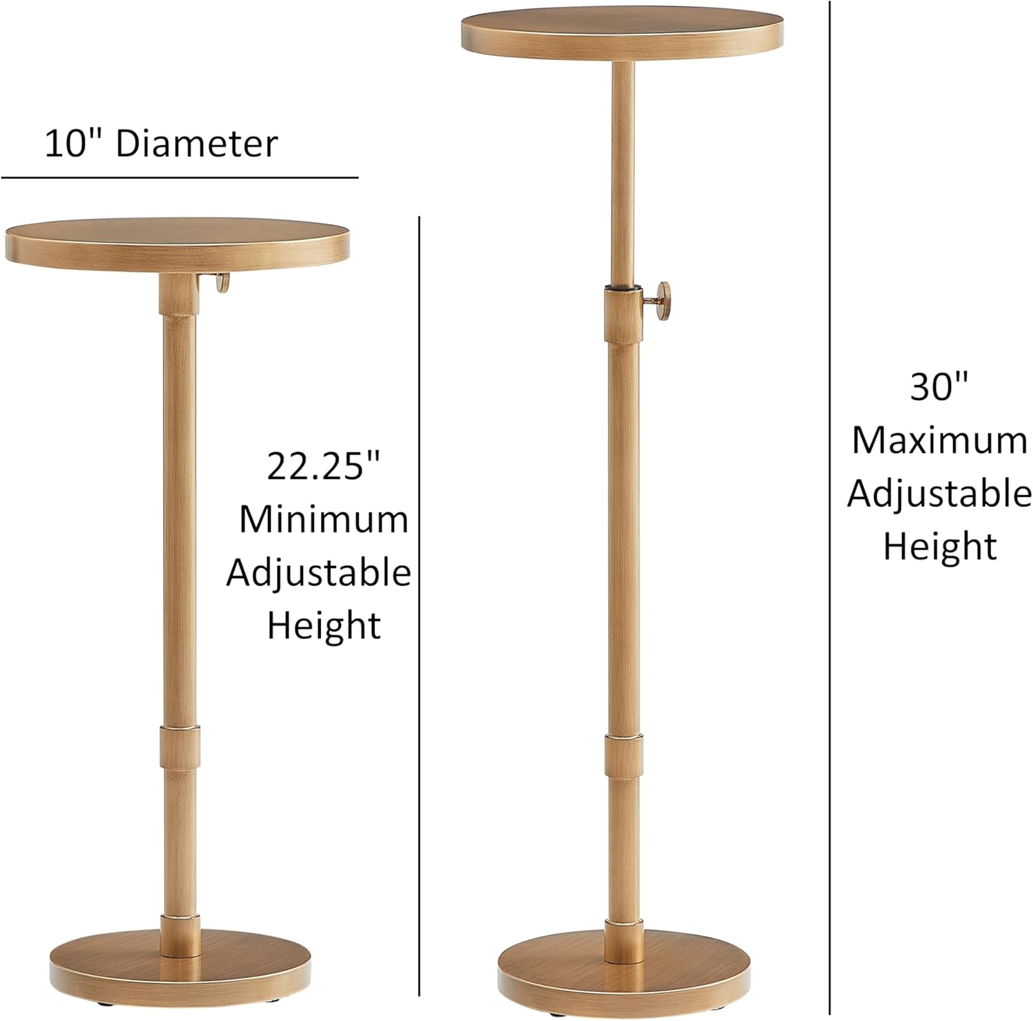 Adjustable Height Accent Table, Antique Brass Metal Side Table with Pedestal Base, 22-30 Inch Adjustable End Table for Living Room, Bedroom or Office (10" Round Top)