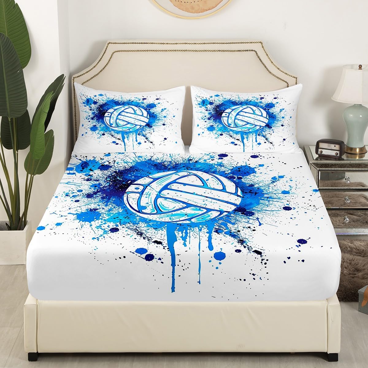 Castle Fairy Volleyball Sheet Set Kids Boys Girls Sports Games Fitted Sheets Set Full Size Blue Watercolor Bedding Sheet Sets Includes 1 Flat Sheet,1 Fitted Sheet,2 Pillowcases