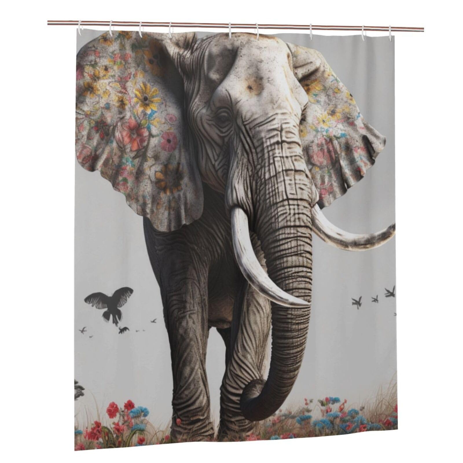 BWWHCCTI Colorful Elephant Printed Shower Curtain With 12 Plastic Hooks Opaque Quick Drying Waterproof Shower Curtains Sets For Bathroom 152x183 Cm