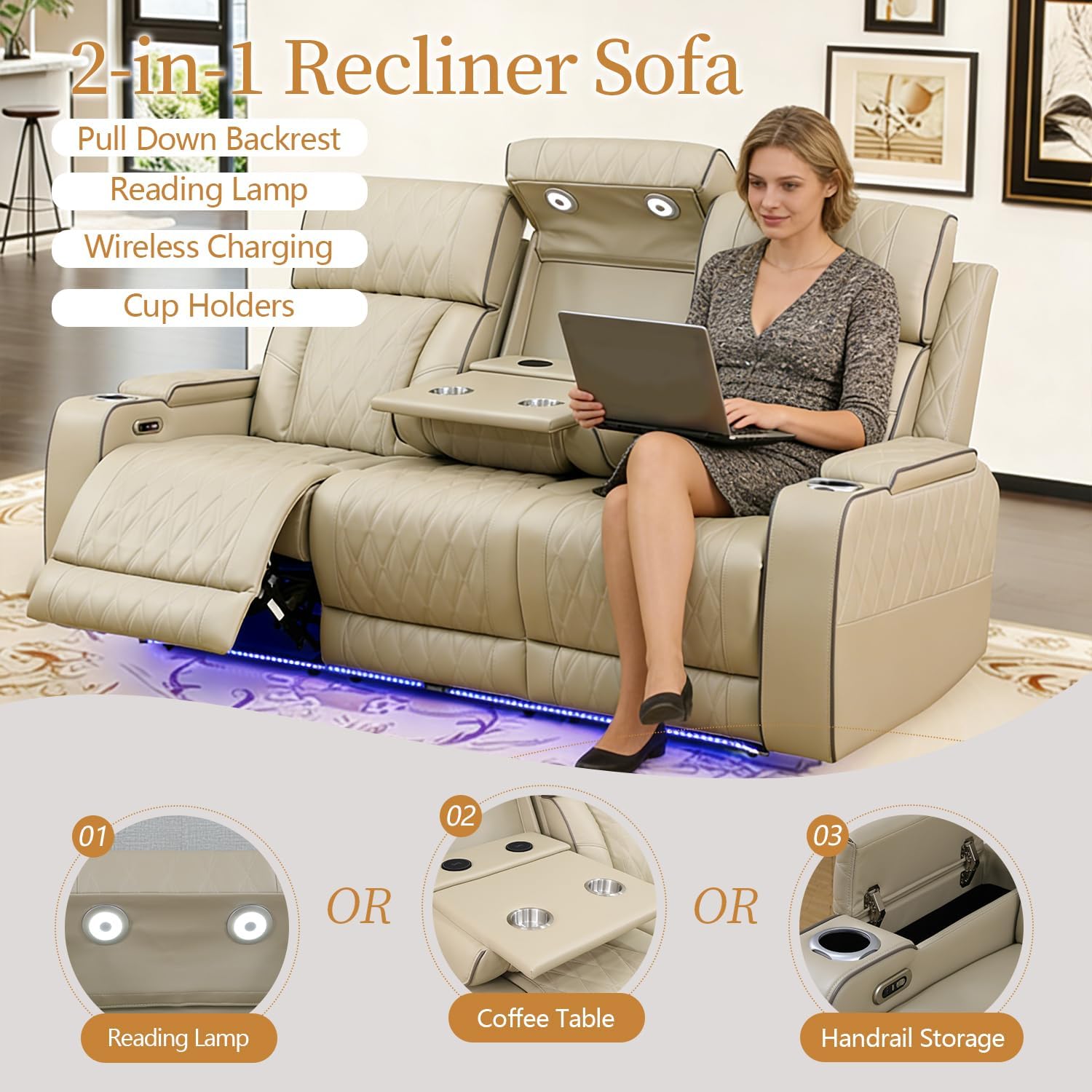 Power Leather Recliner Sectional Sofa with LED Light,L Shaped Reclining Couch with USB Charger/Cup Holder/Storage,Leather Sofa for Living Room/Home Theater(Beige,Sectional+3 Seats)