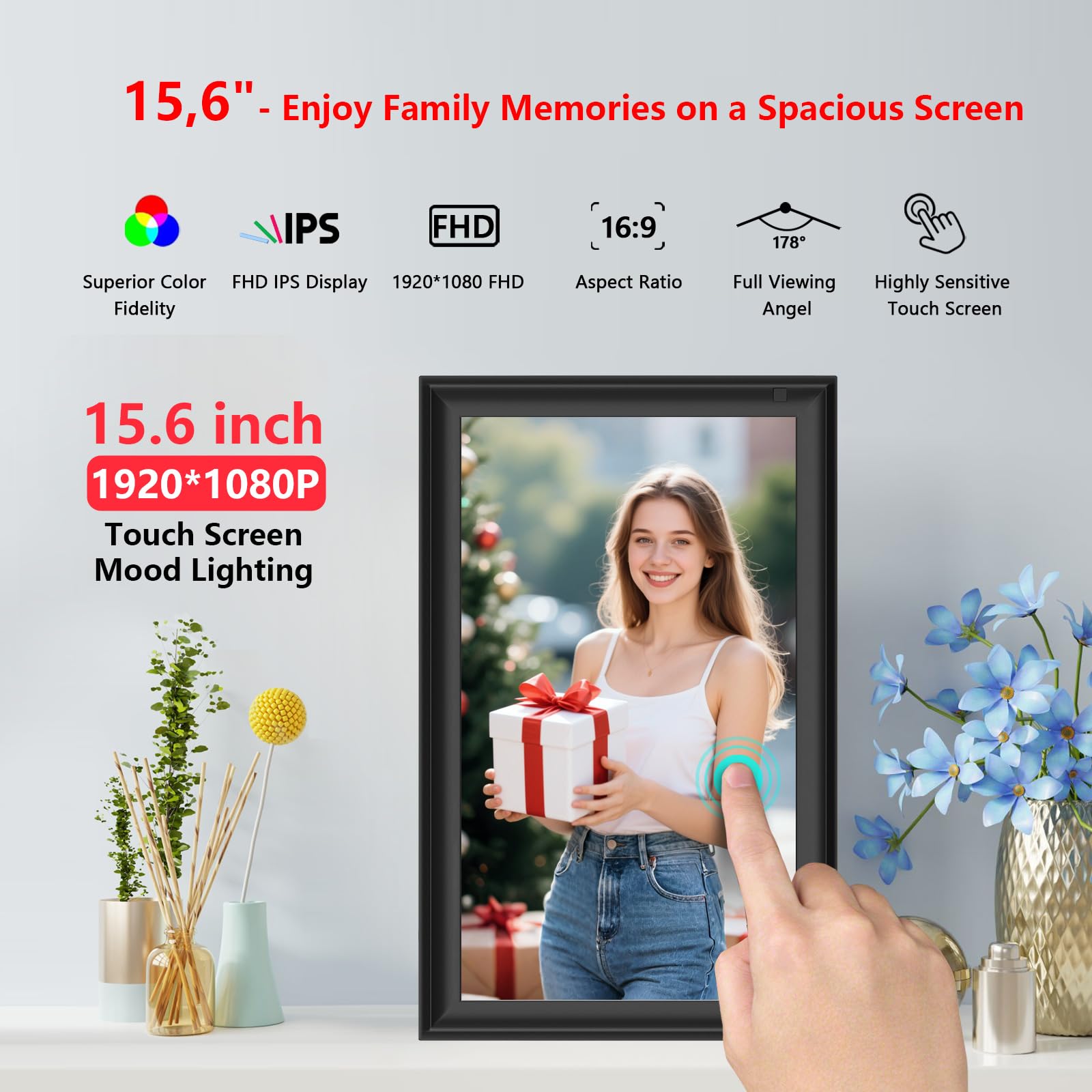 64GB 15.6 Inch Frameo Digital Photo Frame WiFi -1920 * 1080 FHD Digital Picture Frame, IPS Touch Screen Electronic Frames With Auto-Rotate, Slideshow, Wall-Mounted, Share Photos Videos Instantly - View #6
