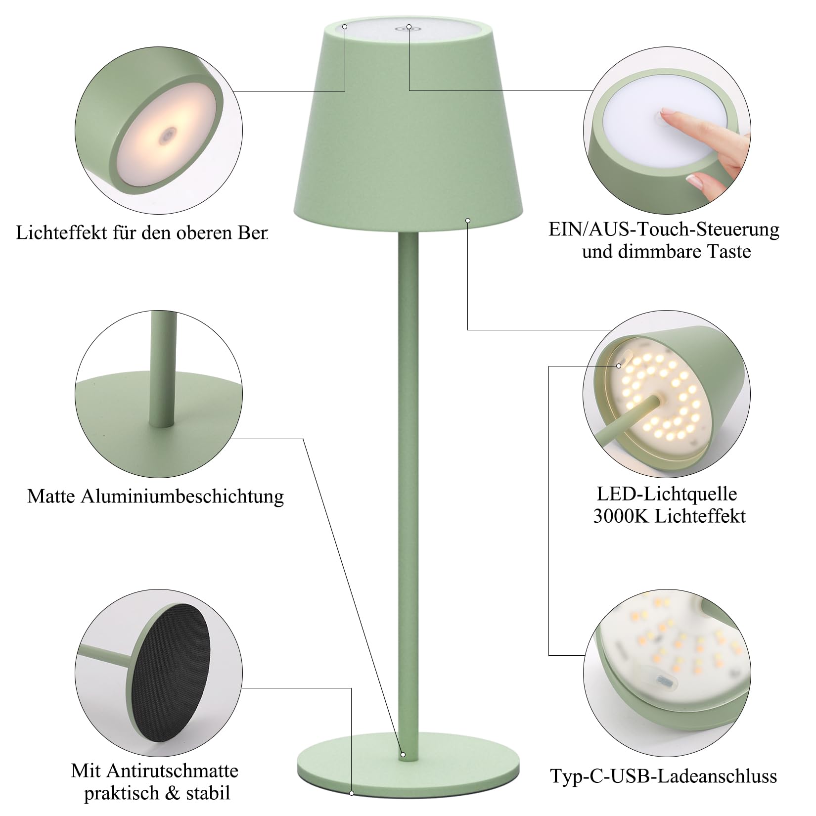 Klighten 2 Piezas LED Recargable Lámpara de mesa con batería, Regulable Lámpara de escritorio Aluminio con USB-C Carga, 3000K de Luz Cálida, Imperméable IP54, para Interiores y Exteriore, Negro