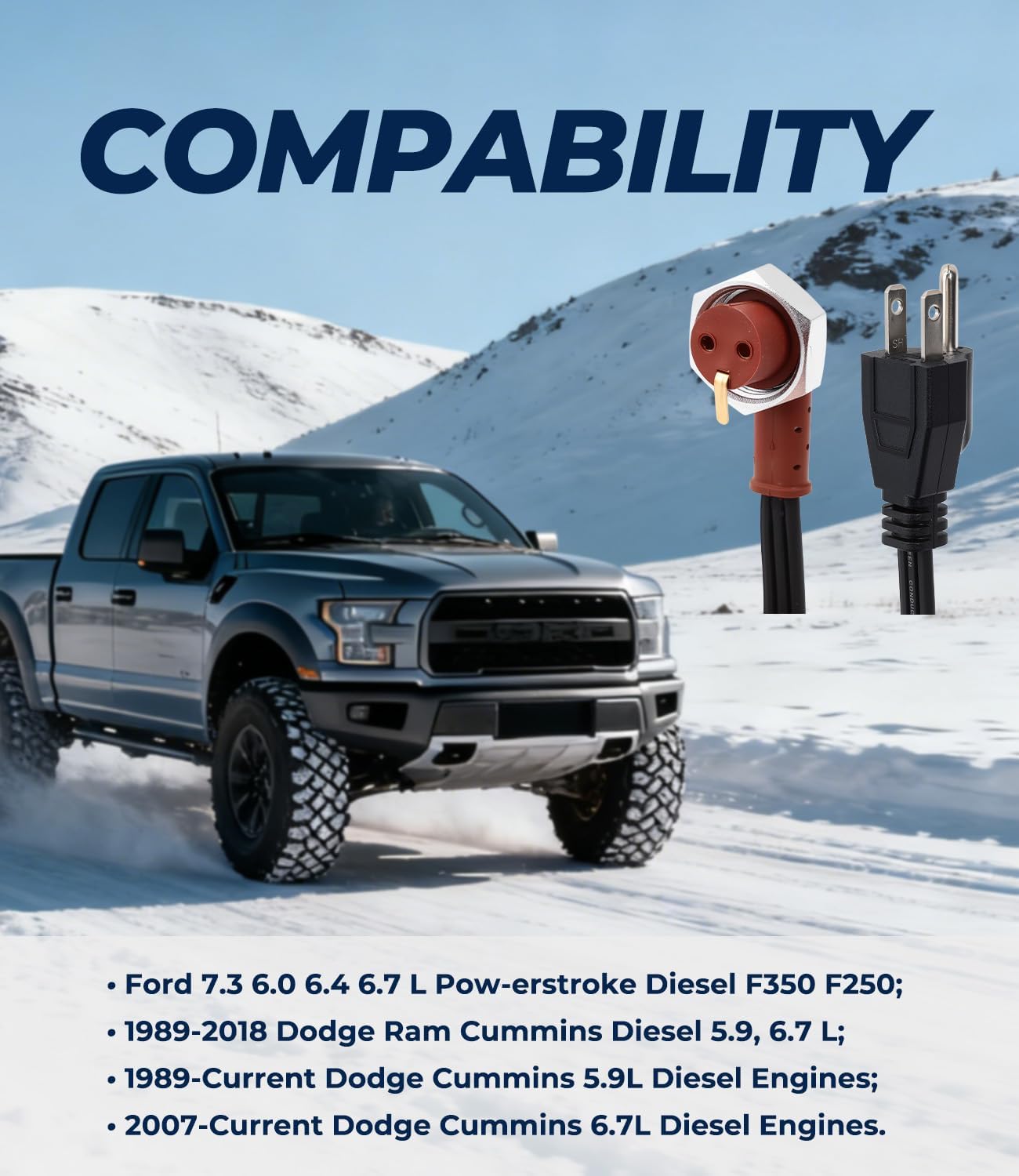 Block Heater Cord 120V 16AWG 6ft | Engine Block Heater Power Cord Replacement 251919 for Ford Powerstroke 7.3 6.0 6.4 6.7L & Dodge Ram Cummins 5.9 6.7L