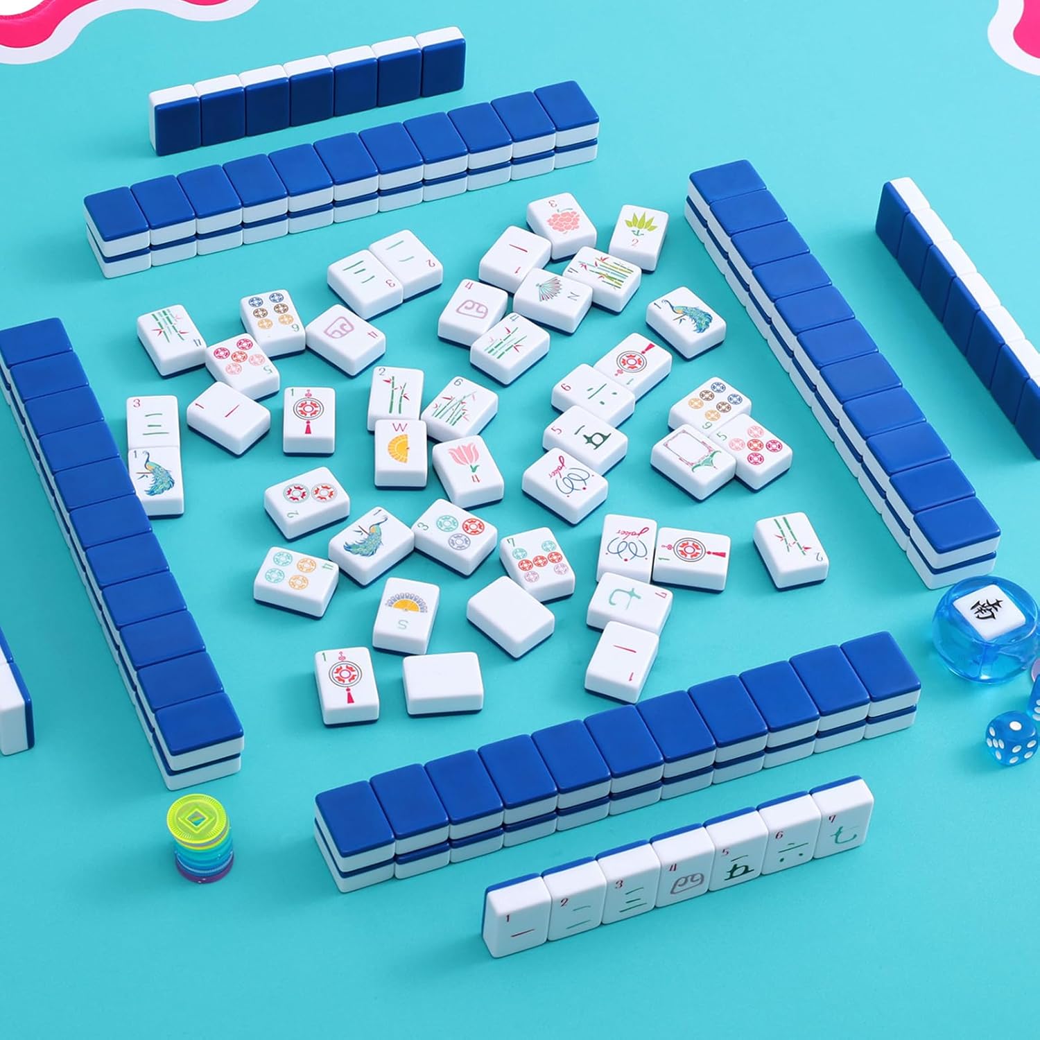 160 Deep Blue Engraved American Mahjong Game Set with Carrying Bag and Accessories, 1.2’’ Mahjong Tile Set