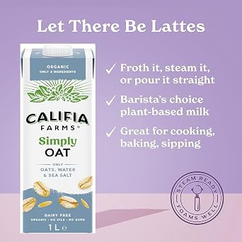 Califia Farms Simple and Organic Oat - Lactose Free, Dairy Free, No Added Sugar, Vegan, Free From Plant Based Drinks (8 x 1L)
