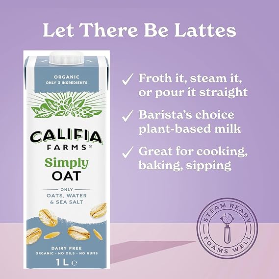 Califia Farms Simple and Organic Oat - Lactose Free, Dairy Free, No Added Sugar, Vegan, Free From Plant Based Drinks (8 x 1L)