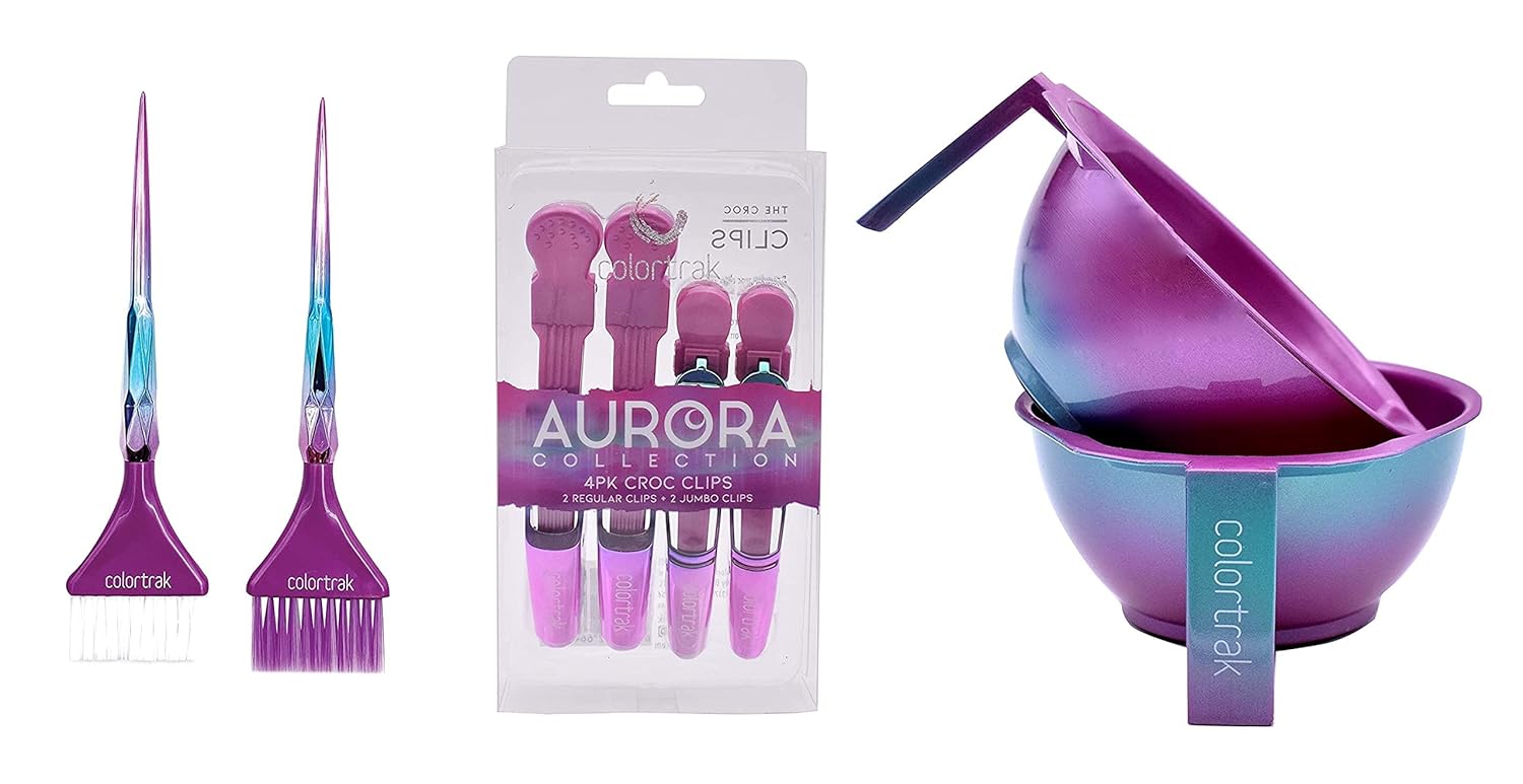 Colortrak The Aurora Collection - Wide Color Brushes (2 Pack), Stackable Color Bowls (2 Pack), and Sectioning Croc Clips, 2 Jumbo Size, 2 Standard Size - Gradient Metallic Finish