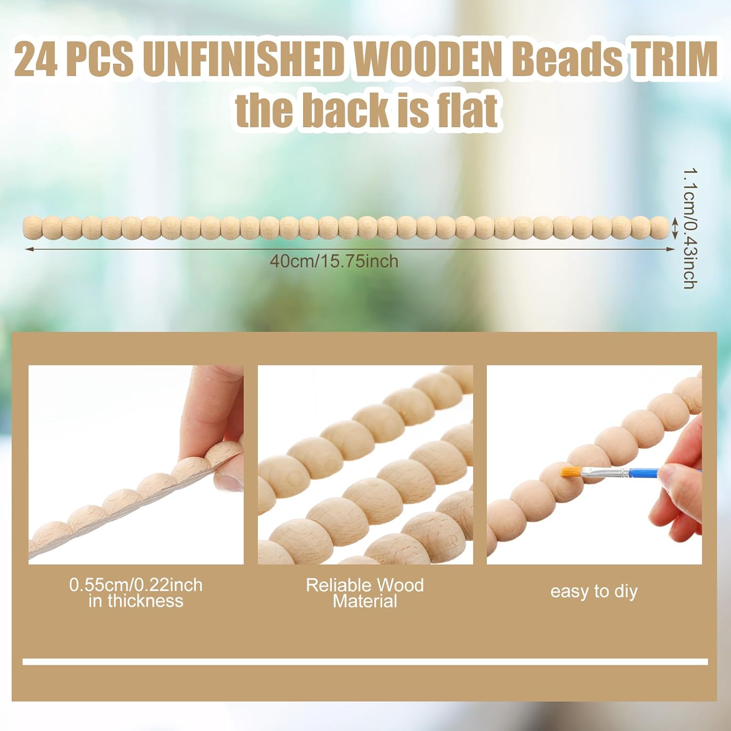 Nuanchu 24 Pcs Decorative Beaded Wood Trim Molding Half Wooden Beads Bobbin Trims 15.75 Inch Unfinished 3D Pearl Paintable Wood Molding for DIY Crafts Home Wall Cabinet Shelf Window Door (11 mm)