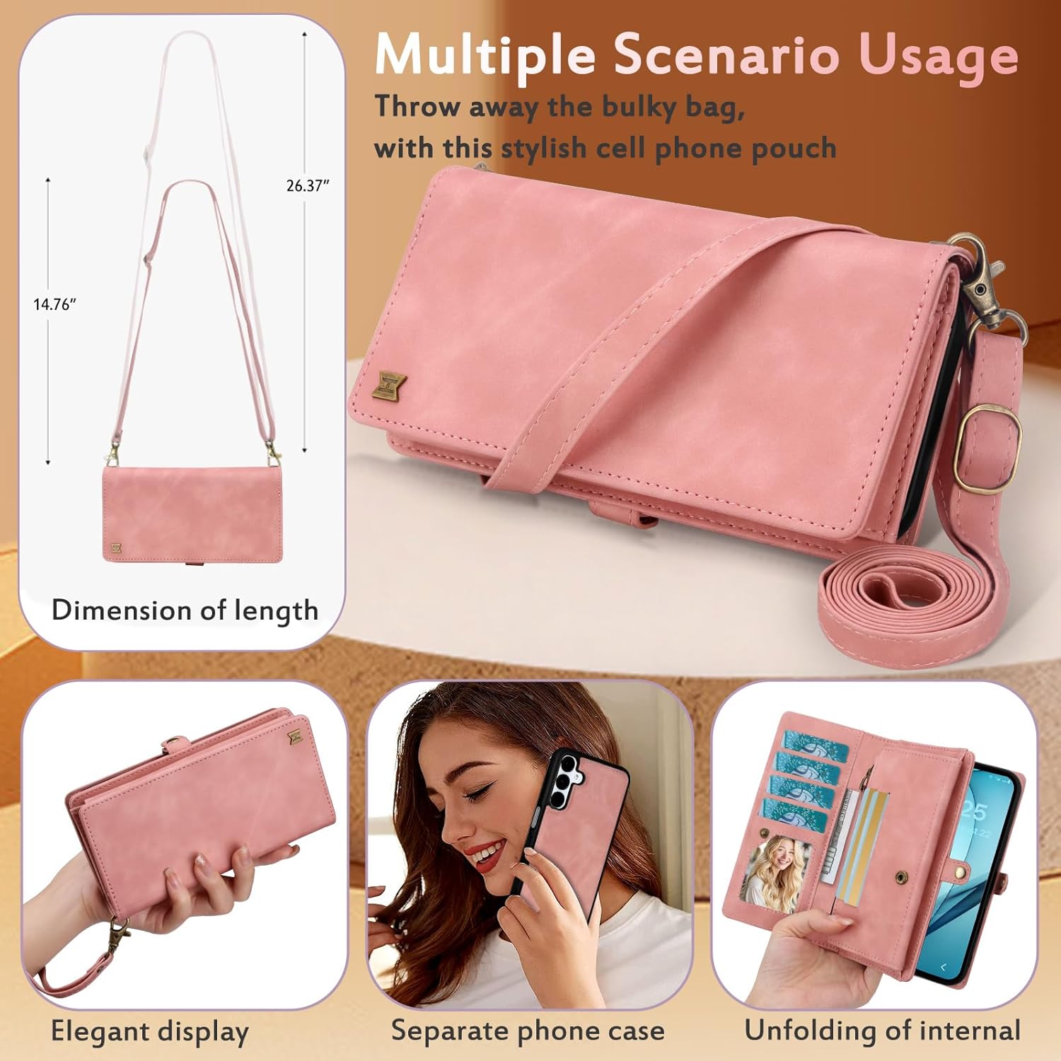 for Wallet Case Compatible with Samsumg Galaxy S24 Plus Multi-Function Detachable 2 in 1 Magnetic Phone Case Wallet,Flip Strap Zipper Card Holder Phone Case with Shoulder Straps (Pink)