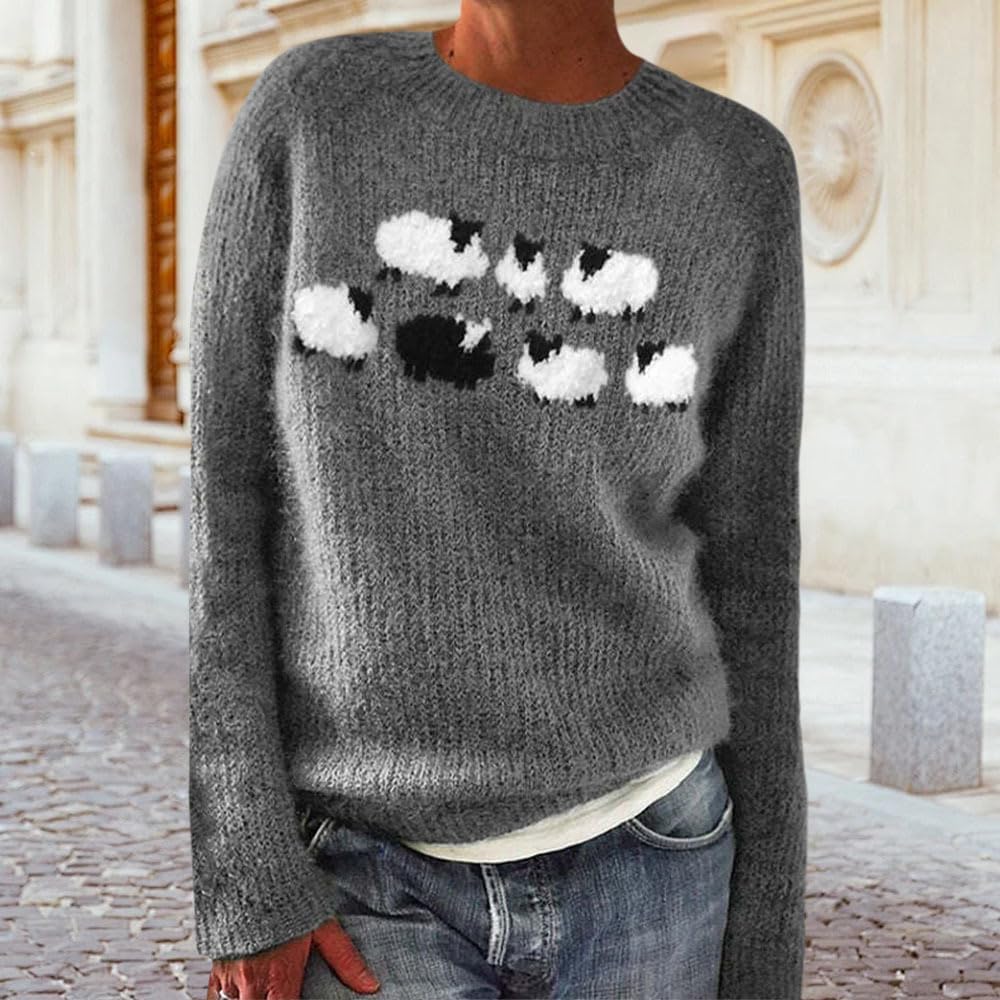 Fair Isle Sweater for Women Long Sleeve Sheep Sweater Casual Crewneck Chunky Pullover Knit Tops Early Fall Fashion
