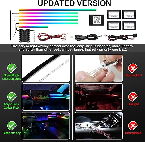 Miniatura 5 de Tira de luz LED de acrílico para el interior del automóvil con aplicación inalámbrica, RGB Dreamcolor 6 en 1 con 175 pulgadas 593 LED de fibra