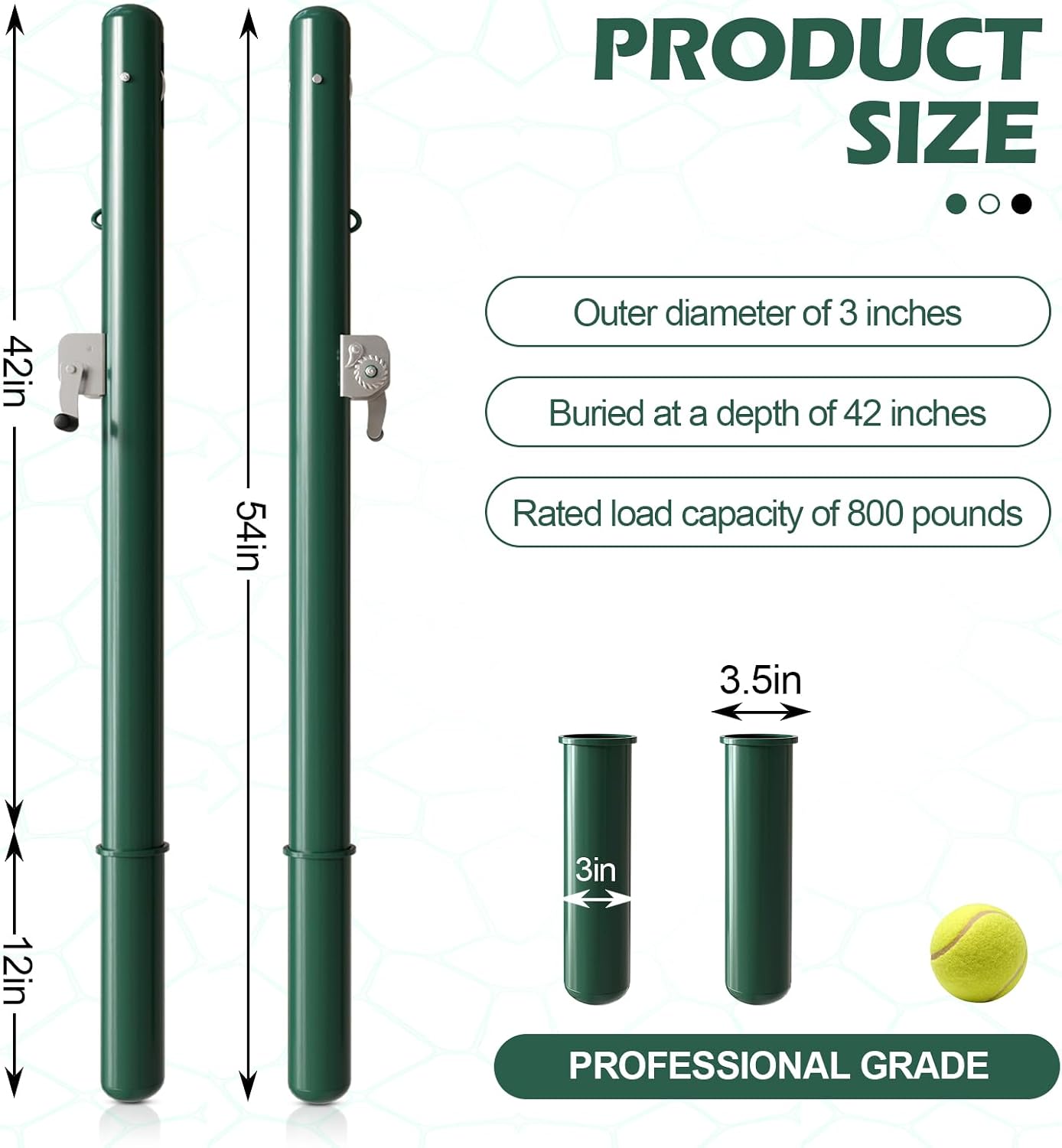 Tennis Posts Cylindrical Double-Sided Tennis Stringing Reel Suitable for Grass/Hard Courts Permanent Steel Tennis Net Posts with Green Rust-Proof Coating Tennis Court net Posts (3" Round)