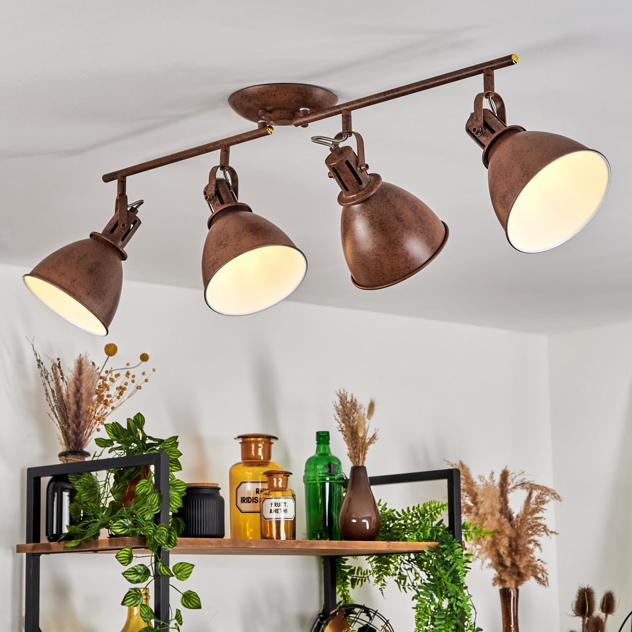 Koppom Ceiling lamp, Metal Ceiling lamp in Rusty Brown/White, 4-Flame, with Adjustable lampshades and lamp arms, 4 x E14 Socket, Retro Design, Bulbs not Included