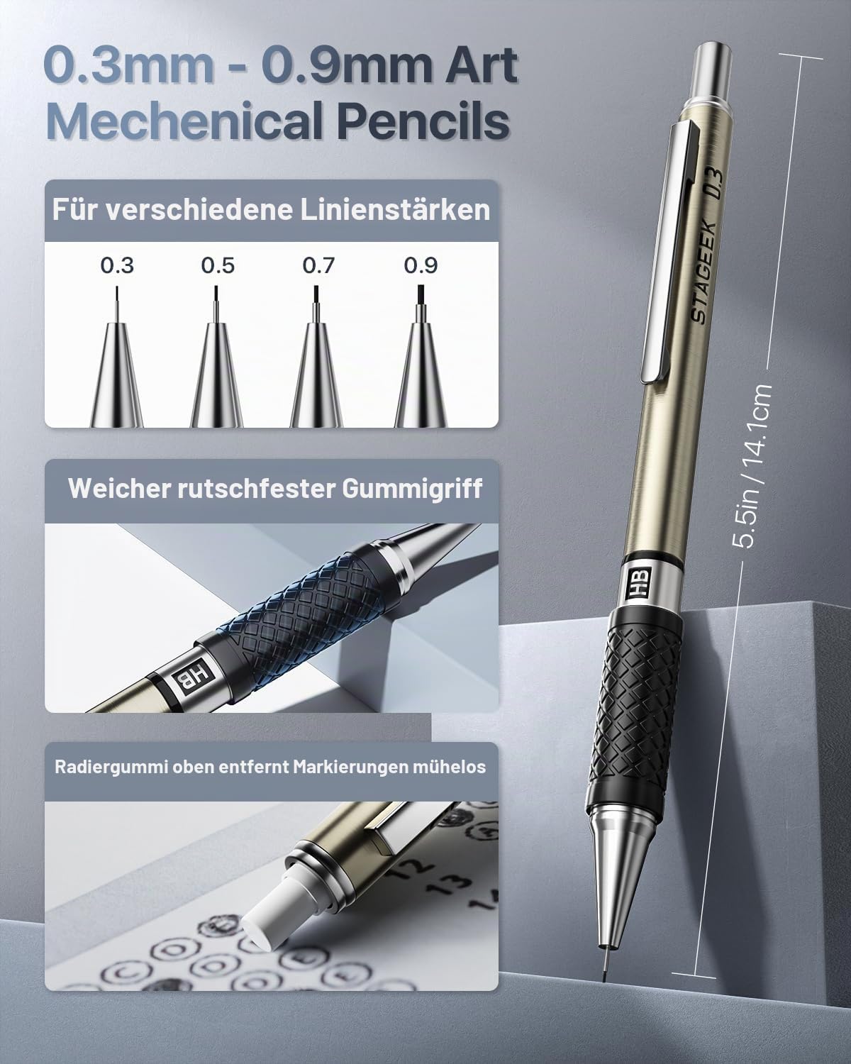 STAGEEK Druckbleistifte Set, 6 Stück Minenbleistift 0,3 0,5 0,7 0,9 2,0mm,metall mechanischer bleistift mit 492 Minen (6B, 4B, 2B, HB, 2H, 4H, Farbe),schreibwaren, für Künstler, Skizzieren, Zeichnen