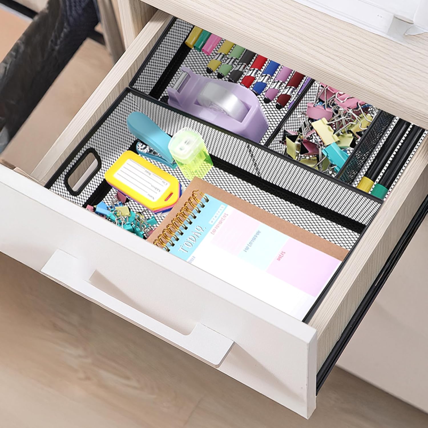Desk Drawer Organizer, Office Drawer Divider Organizer Tray 3 Pack, Metal Mesh Desktop Organization and Accessories for Stationery Makeup Kitchen Toolroom Office