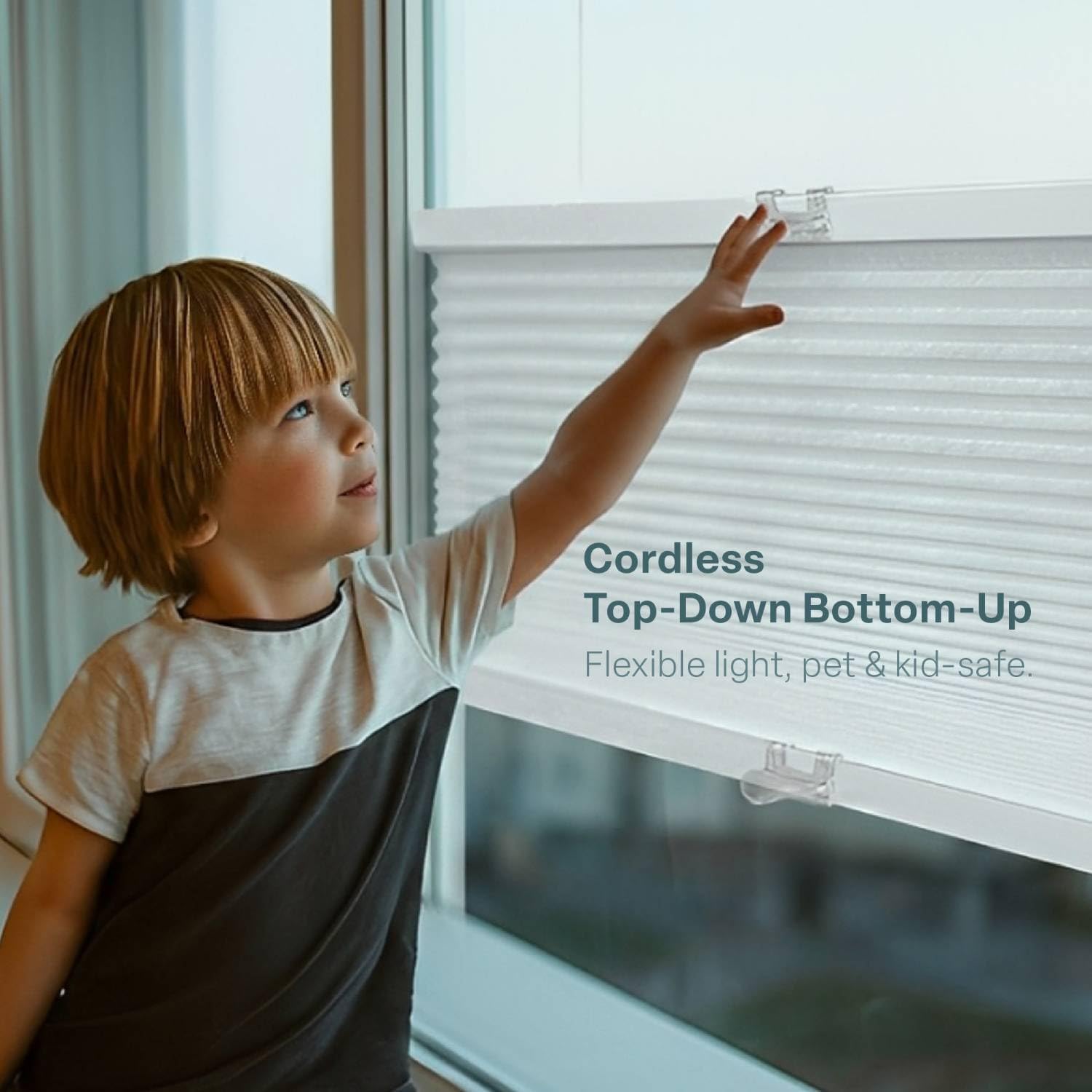 REGAL estate QuickInsta PeelMount No Drill No Tools Cordless 1" Light Filtering Top Down Bottom Up Cellular Shade, 34" W x 64" H, White