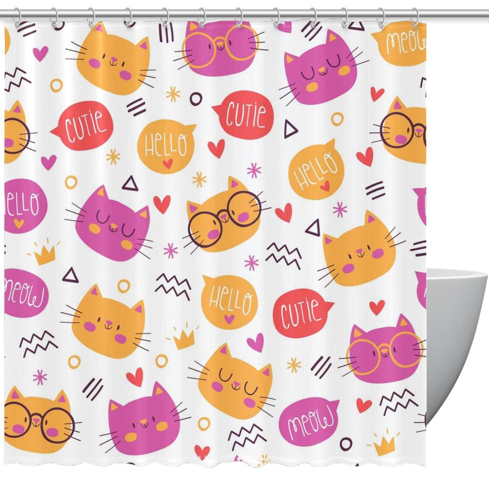 Rideau de douche motif chats et mots salle de bain enfants avec crochets