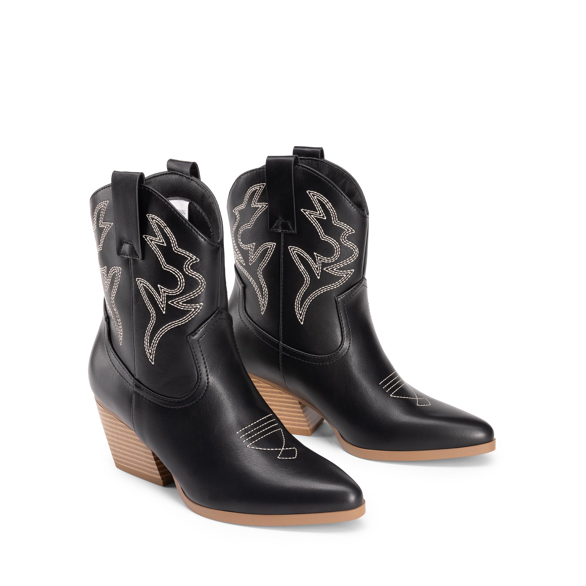 DREAM PAIRS Botas de Vaquera para Mujer, Bordadas y Cosidas, Botas Cortas Occidentales con Tacón Bajo y Punta Afilada, Botines Hasta ei Tobillo