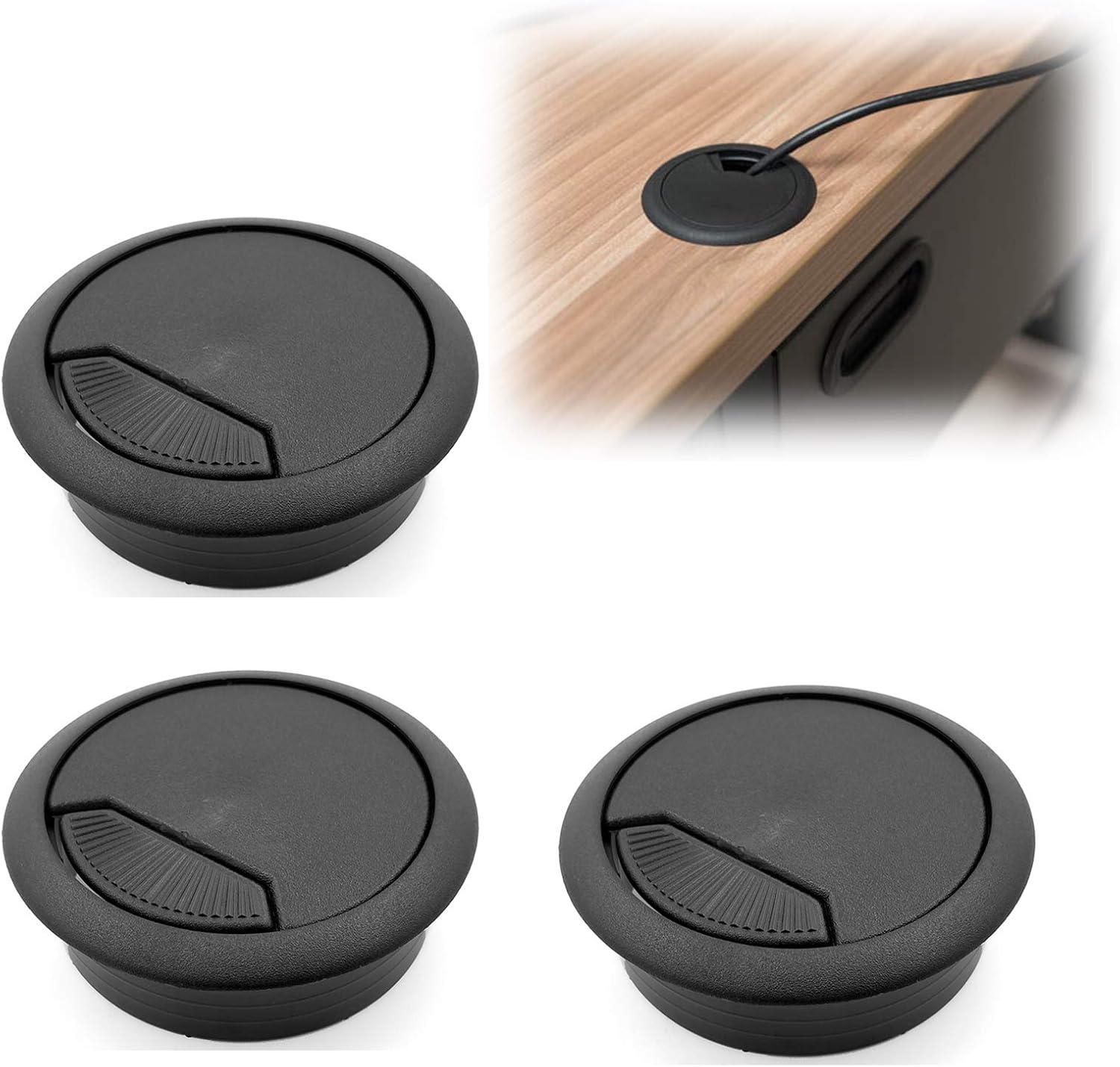 Modket M4327-51-BK-3 PC Computer Cord Cable Wires Organizer Hole Cover 2" Black Plastic Desk Grommet - 3 Pack