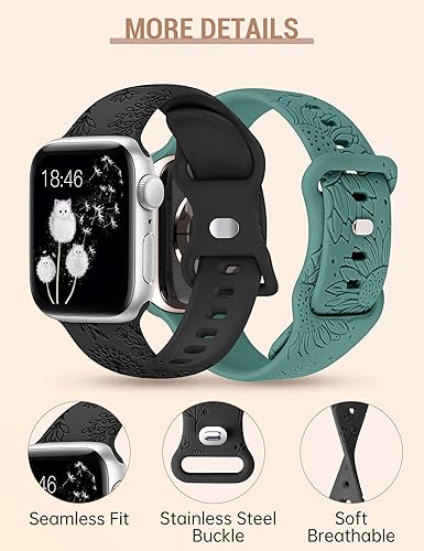 Miniatura 4 de Minyee Paquete de 2 correas grabadas florales compatibles con Apple Watch Band de 384041424445461.929 in para mujer, bonita correa de silicona suave