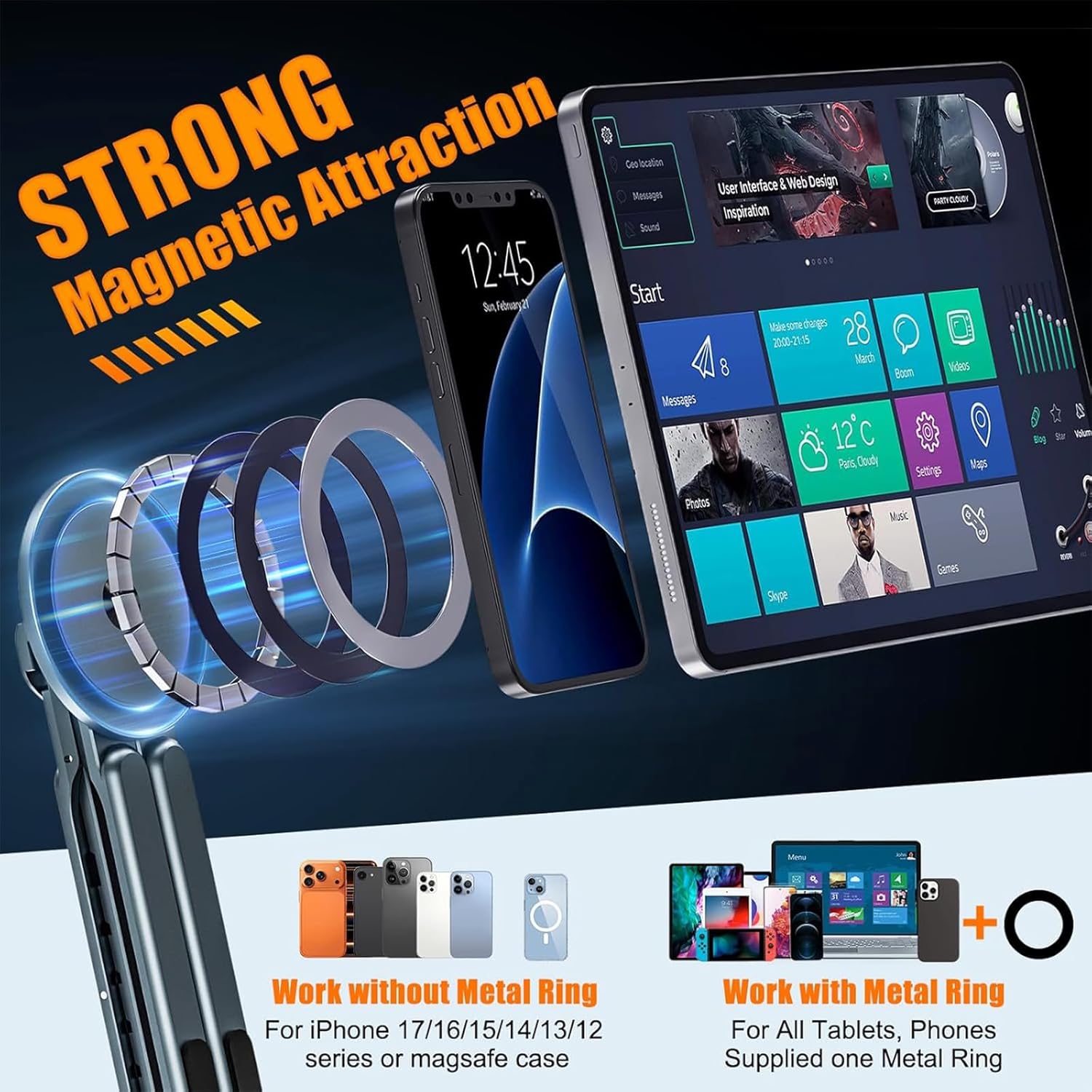 Laptop Stand for Desk, Foldable Aluminum Alloy Magnetic Computer Riser, Ergonomic 8-Level Adjustable Height Travel Laptop Holder,Multi-Functional Stand for 10–16"Laptop,4–13" Tablet and Phone