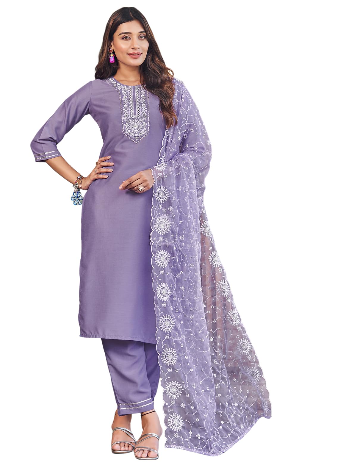 Sanisa Women's Cotton Blend Sequence Embroidery Work Gota Lace Straigth Kurta With Pant And Dupatta Set| Ethnic Set | Suit Set | Kurta Set(159Kbd1711N-Xl_Lavender)