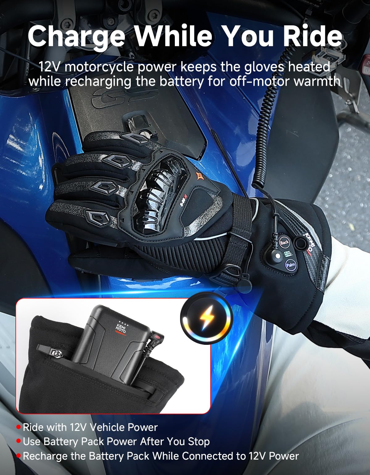 KEMIMOTO Guanti Riscaldati Moto Uomo con Cavo di Ricarica, Ricaricabili Guanti Invernali Impermeabili Touch Screen con 3000 mAh Batterie, Adatti da -20°C a -5°C, Ideali per Motociclismo e Ciclismo