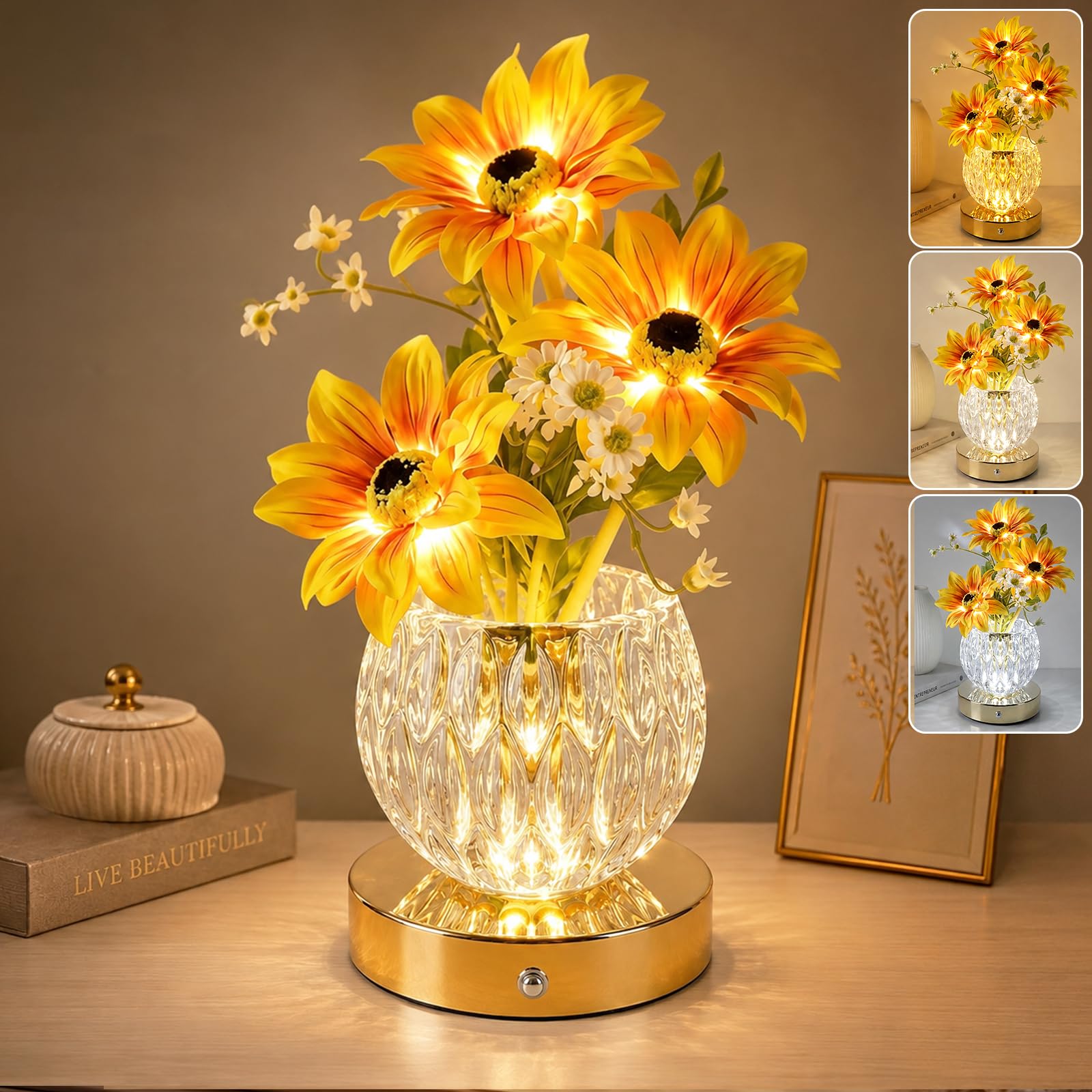 Tulip Flower Lamps, 3 Colors Touch Stepless Dimming Crystal Night Light, Rechargeable Artificial Flower Light, LED Flower with Vase Lamp Romantic Decor for Date Party Home (Orange - Sunflower) — image 1