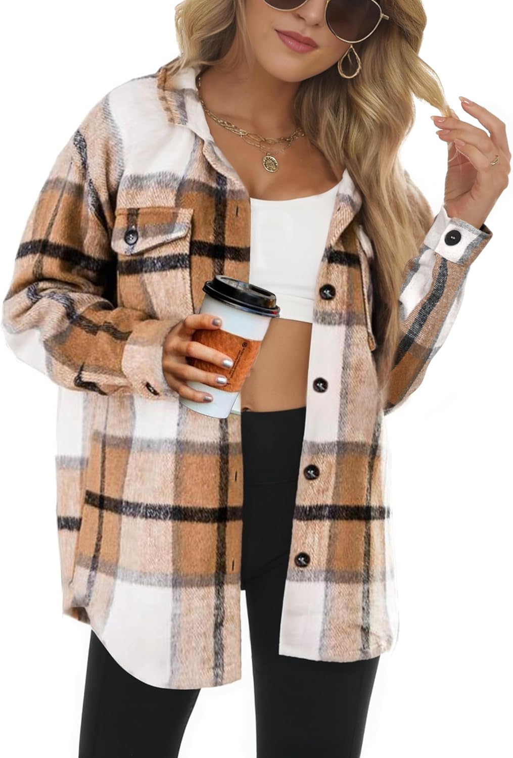 Lunira Button Down Shirts for Women Flannel Shirt Long Sleeve Plaid Shacket Fall Winter Blouse Casual Jacket with Side Pocket