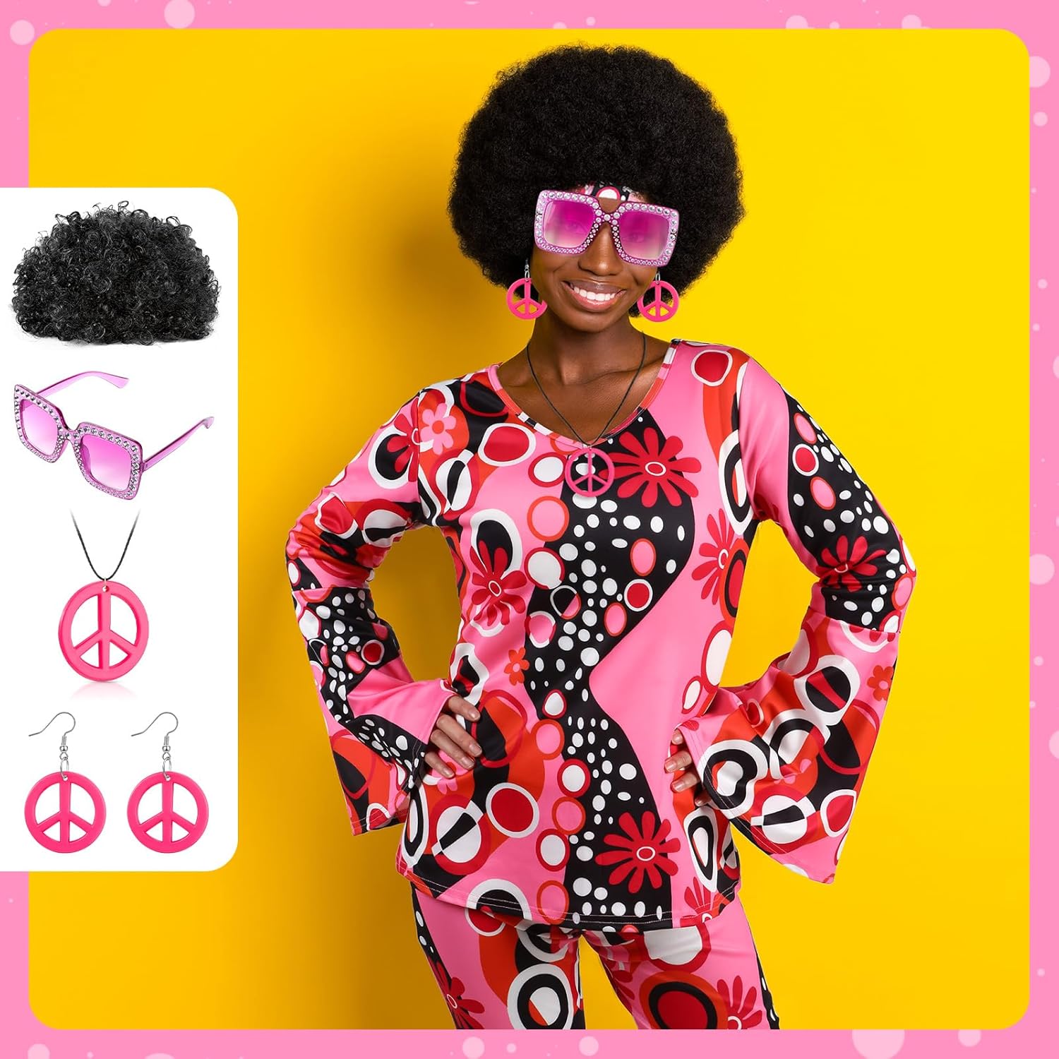 Shihanee 7 Pcs Women 70s Hippie Costume Accessories Disco Outfits Earring Necklace Headband Wig Glasses