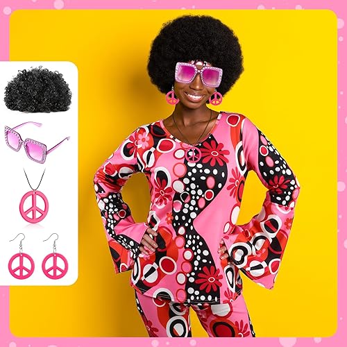 Miniatura 6 de Shihanee 7 Pcs Women 70s Hippie Costume Accessories Disco Outfits Earring Necklace Headband Wig Glasses