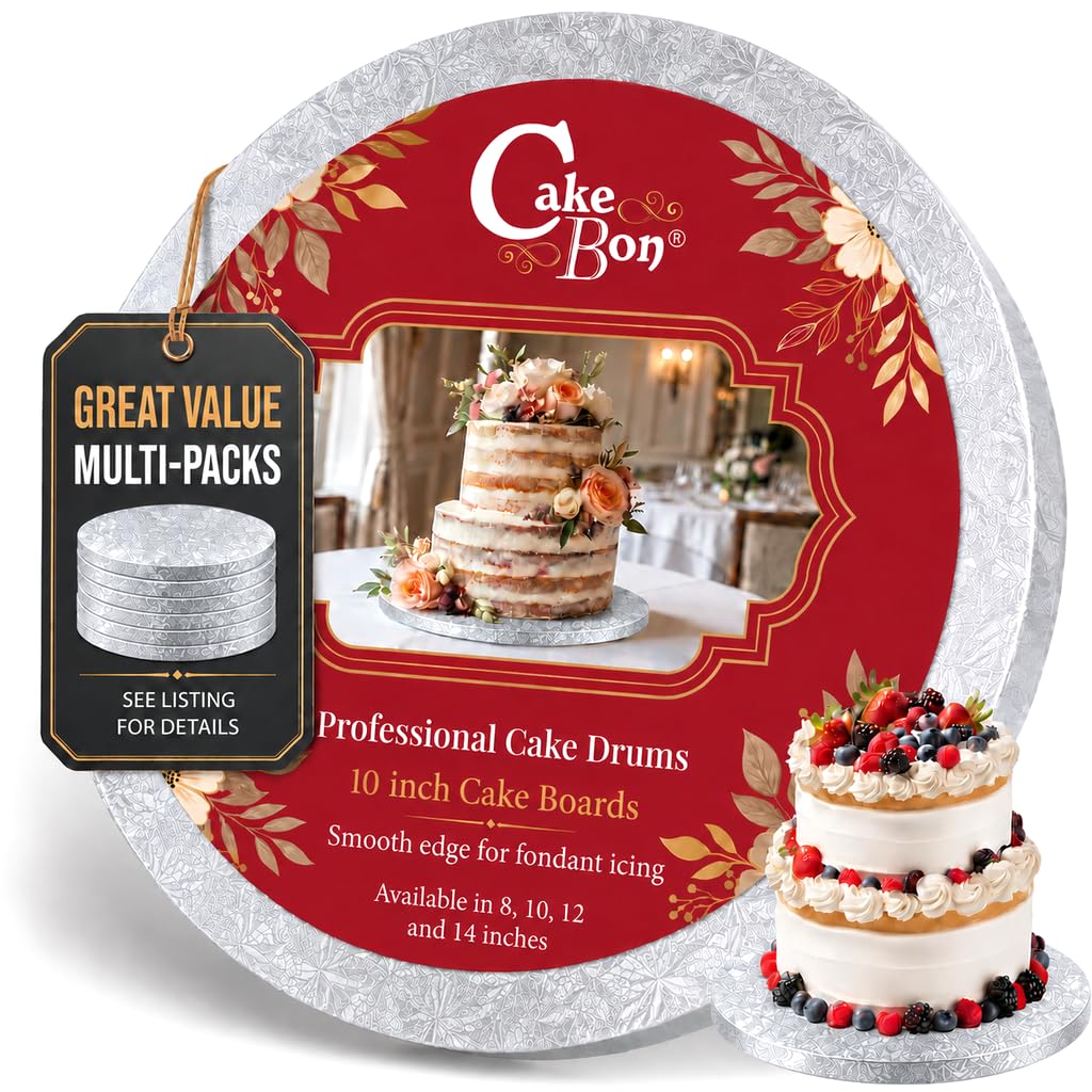 Cakebon Cake Boards 10" Silver Round Cake Drums 1/2" Thick Smooth Edge 12Pk