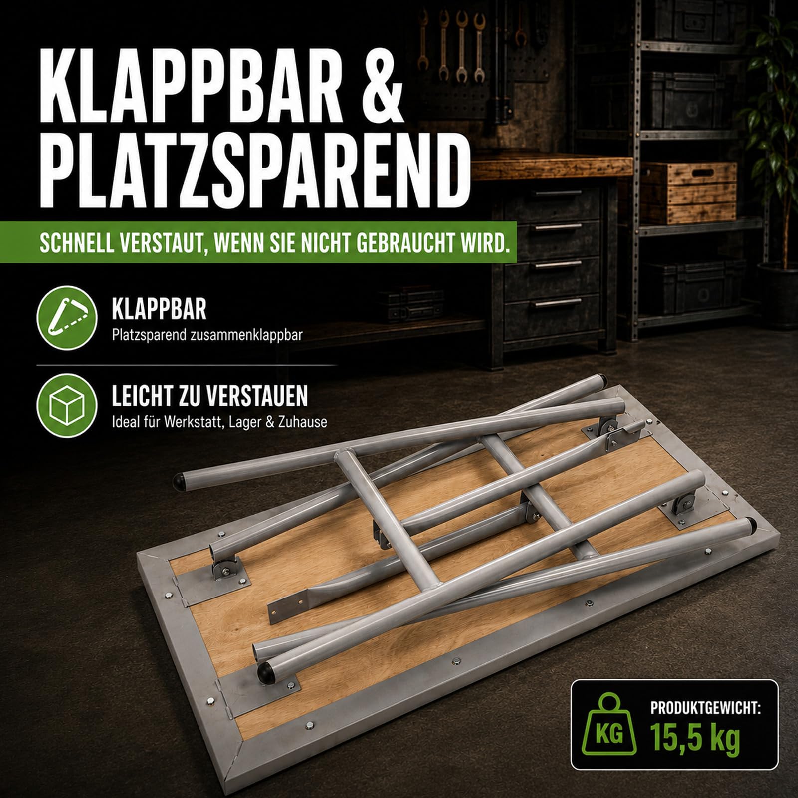 TRUTZHOLM Werkbank klappbar 114x60x84 cm Stabiler Werktisch bis 150 kg pulverbeschichtetes Stahlgestell grau mit 2,4 cm Holzarbeitsplatte Klappwerkbank Arbeitstisch für Werkstatt Garage Montage Lager