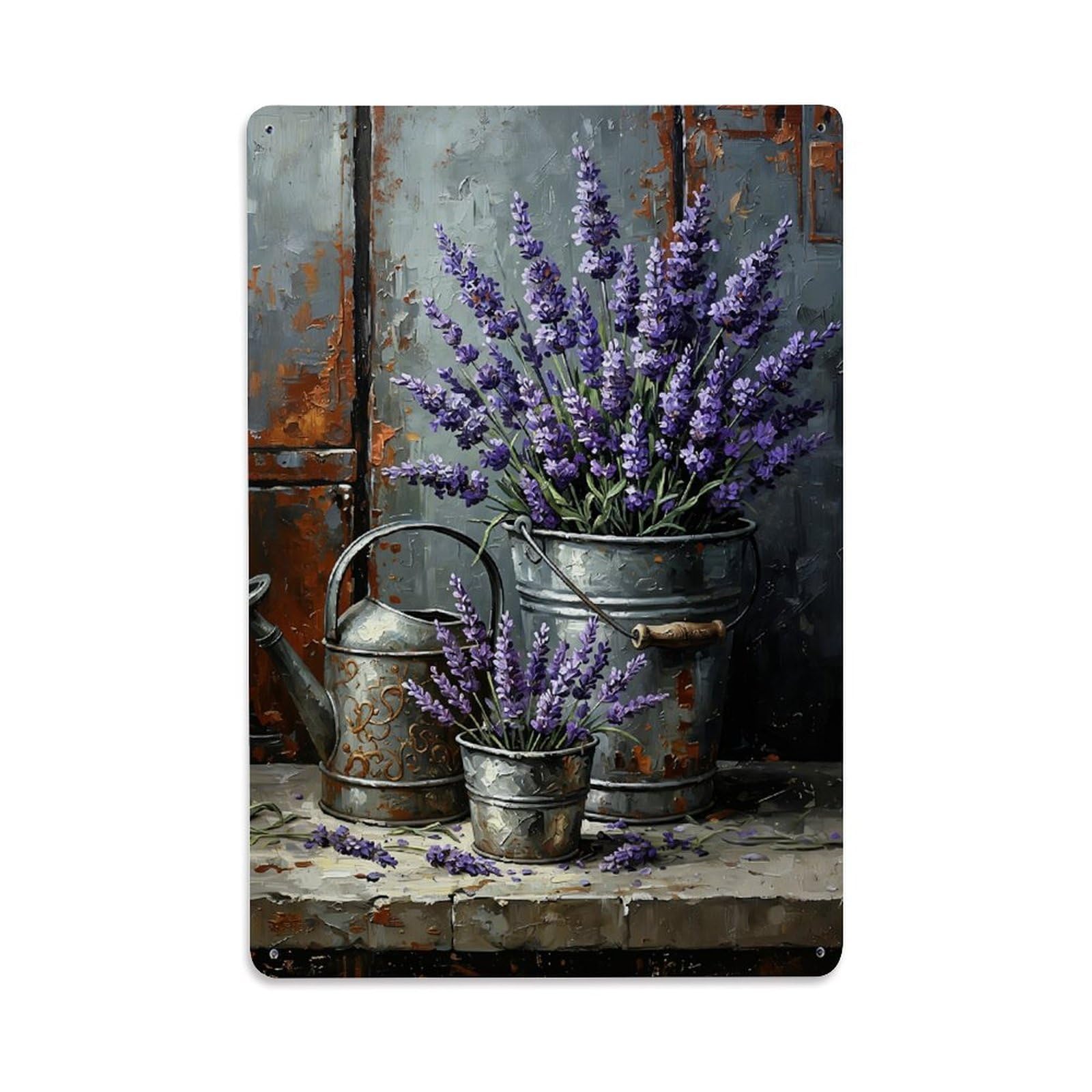 Jdfenggu Vintage Lavender Bouquet In Metal Bucket Retro Metal Tin Sign, Metal Poster For Bar, Home, Man Cave, Kitchen, Laundry Room Art Decor 8X12 Inch