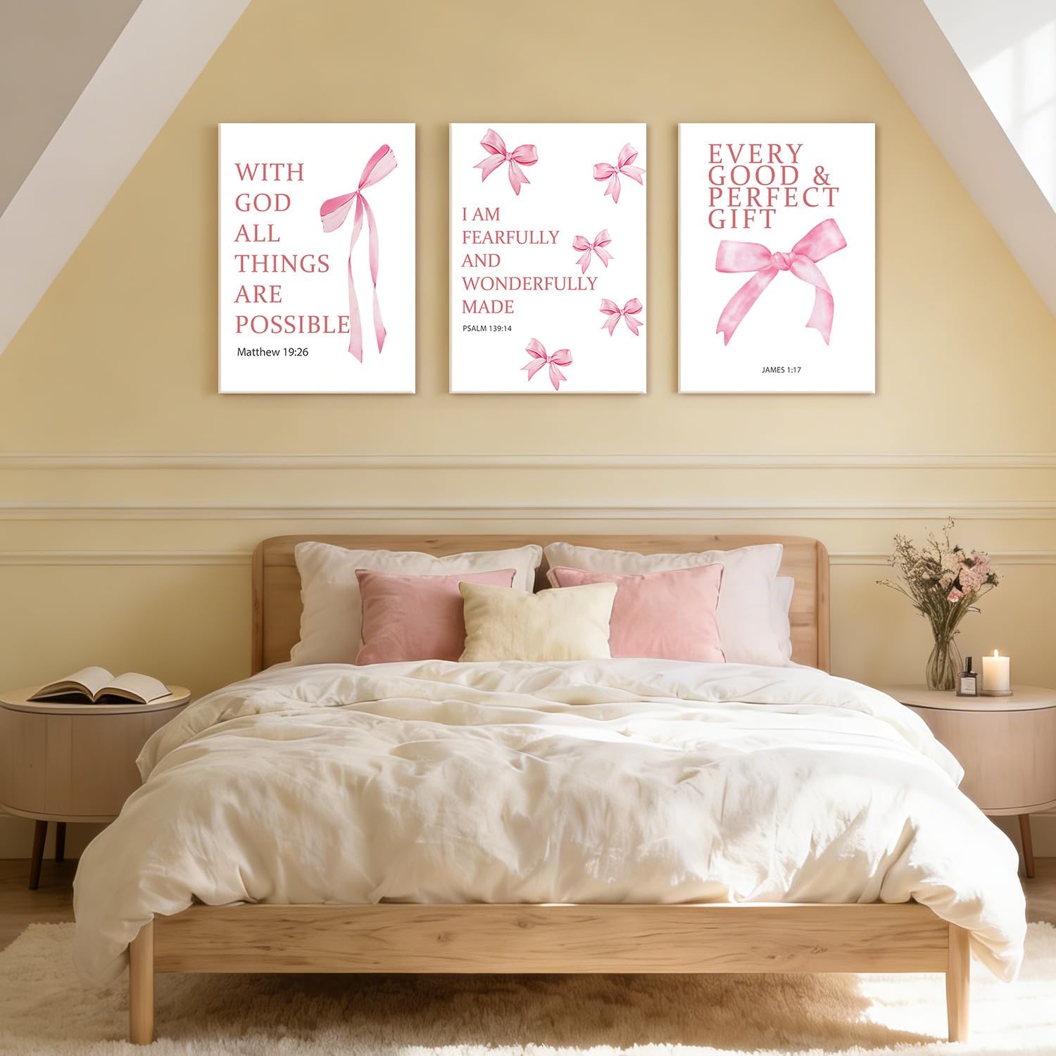 NCCXNCC 3Pcs Pink Bow Canvas Wall Art Inspirational Bible Text Wall Decoration Artwork Soft Girlish Aesthetic Style Poster Print Image Suitable for Bedroom Dormitory Girl's Room Decor12x16Inch Framed