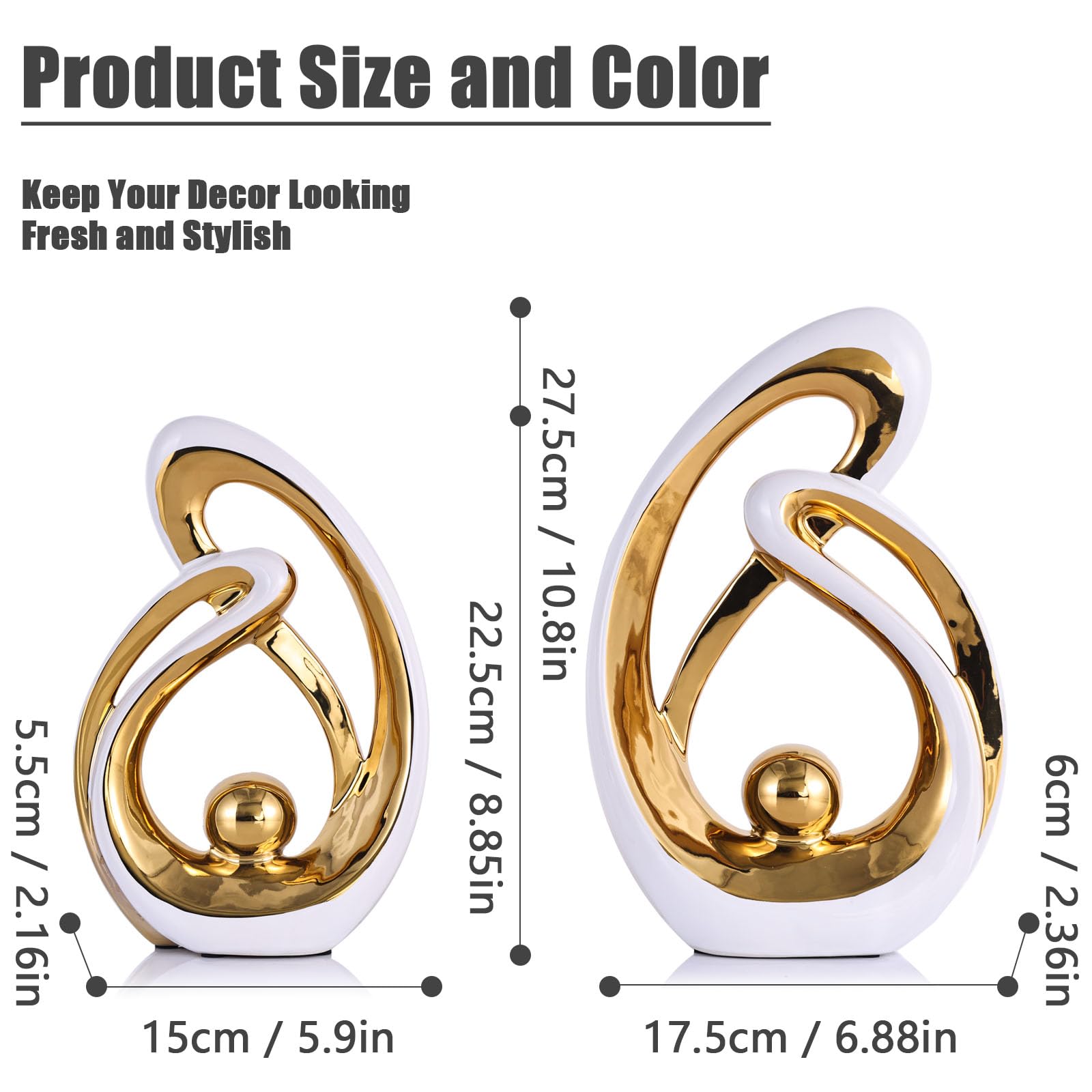 Home Decor Accent,Porcelain Art Mid Century Bookshelf Decorations,Gold Centerpieces for Tables,Abstract Ceramic Statue Sculpture for Coffee Table Mantel Tv Stand Centerpieces (White Gold - Image 3
