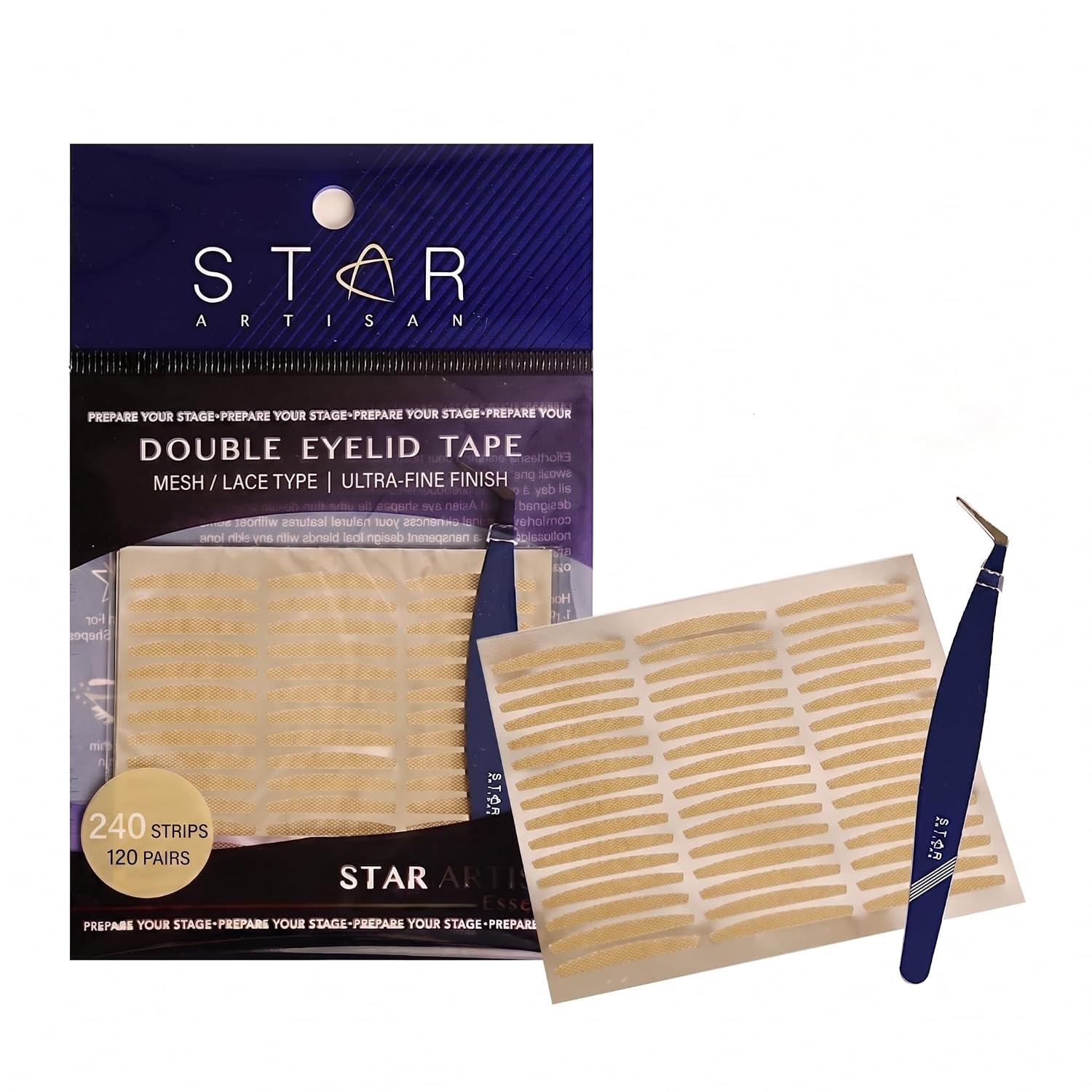 Invisible Mesh Double Eyelid Tape - 240 Strips (120 Pairs) Eyelid Lifter with Precision Tweezers - Breathable Lace Eyelid Tape for Hooded Eyes & Monolids, Seamless Under Makeup (M)