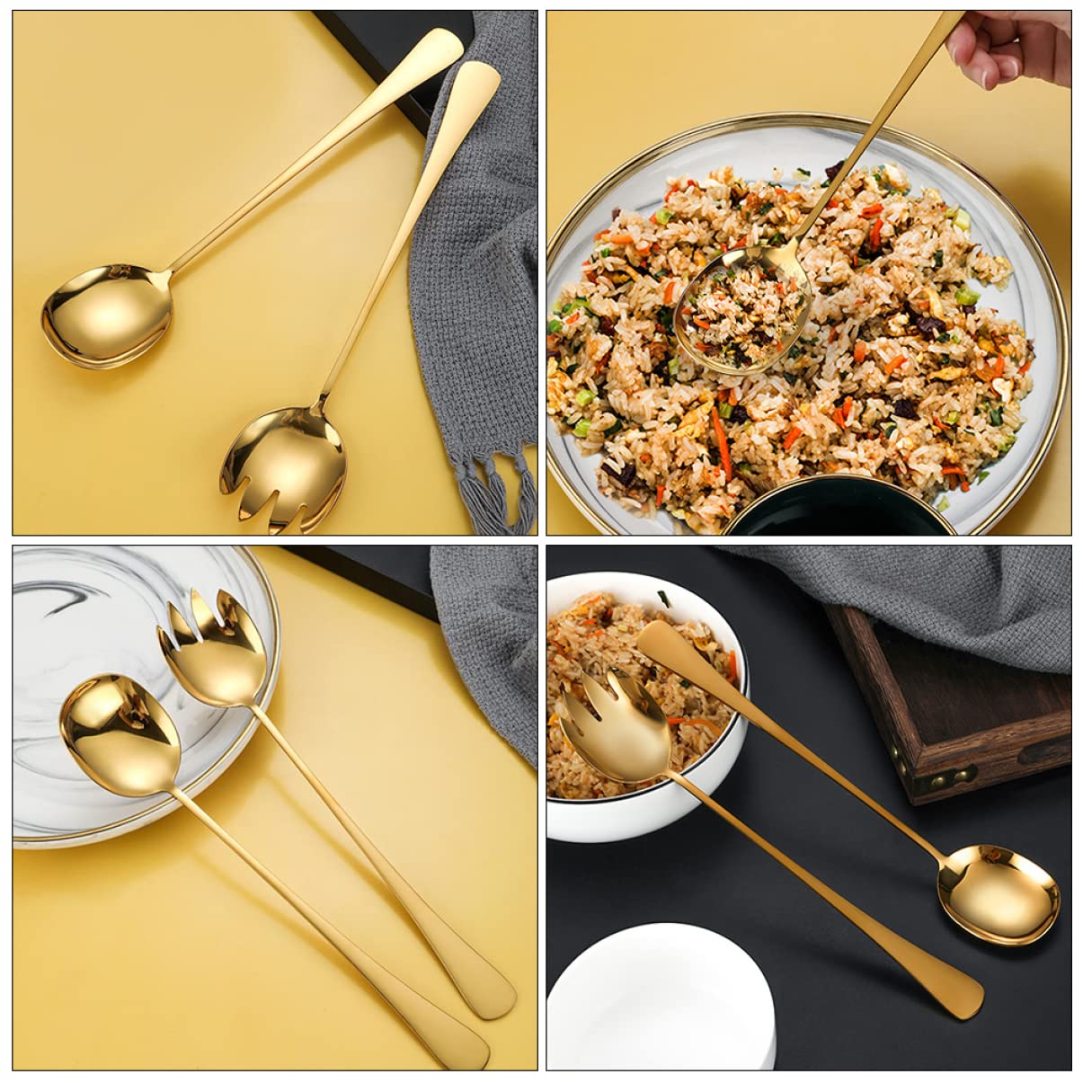 BRIGHTFUFU 2Pcs Golden Stainless Steel Salad Spoon and Fork Flatware for Buffet and Home Use Serving Utensils for Salad and Food Serving