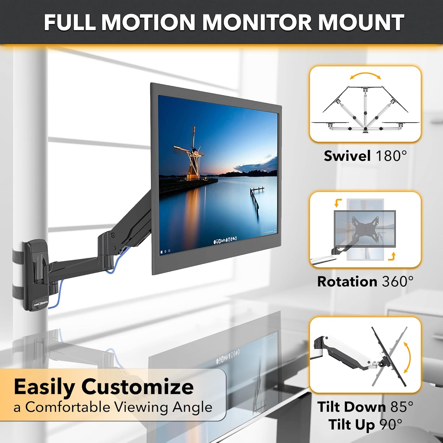 CondoMounts CLMMMAB2022 Full Motion Pillar Monitor Mount | WorkBench Monitor Mount | Pallet Rack | NO Drill | GAS Spring Arm with VESA Plate | Pillar Mount | Holds 18lbs | Up to 32-in. Monitor | Black
