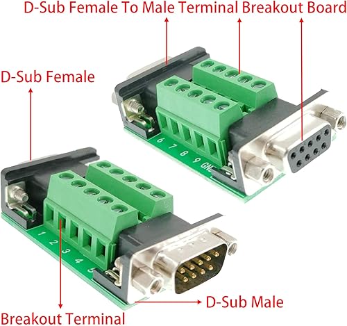 Miniatura 5 de DB9 Female and Male Connector in One Breakout Board,RS232/RS485/CAN/RS422 with DB9 Connector to Terminal Board Signal Module(2pcsDB9 Female/Male)