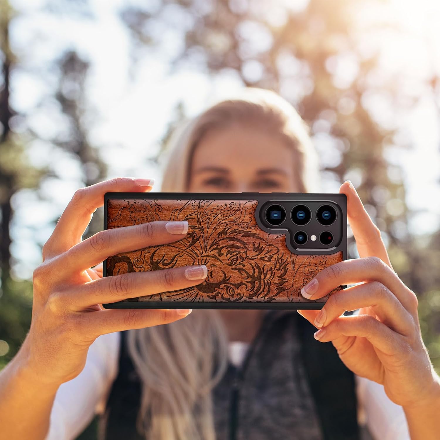 Carveit Wood Case for Galaxy S23 Ultra Case [Natural Wood & Black Soft TPU] Shockproof Protective Cover Unique Wooden Design Compatible with Samsung S23 Ultra (Tiger Waves-Rosy)