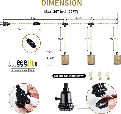 Miniatura 2 de XININSUN 3 luces colgantes enchufables, lámparas colgantes con cable enchufable, interruptor regulable, pantalla tejida de mimbre de ratán, lámpara