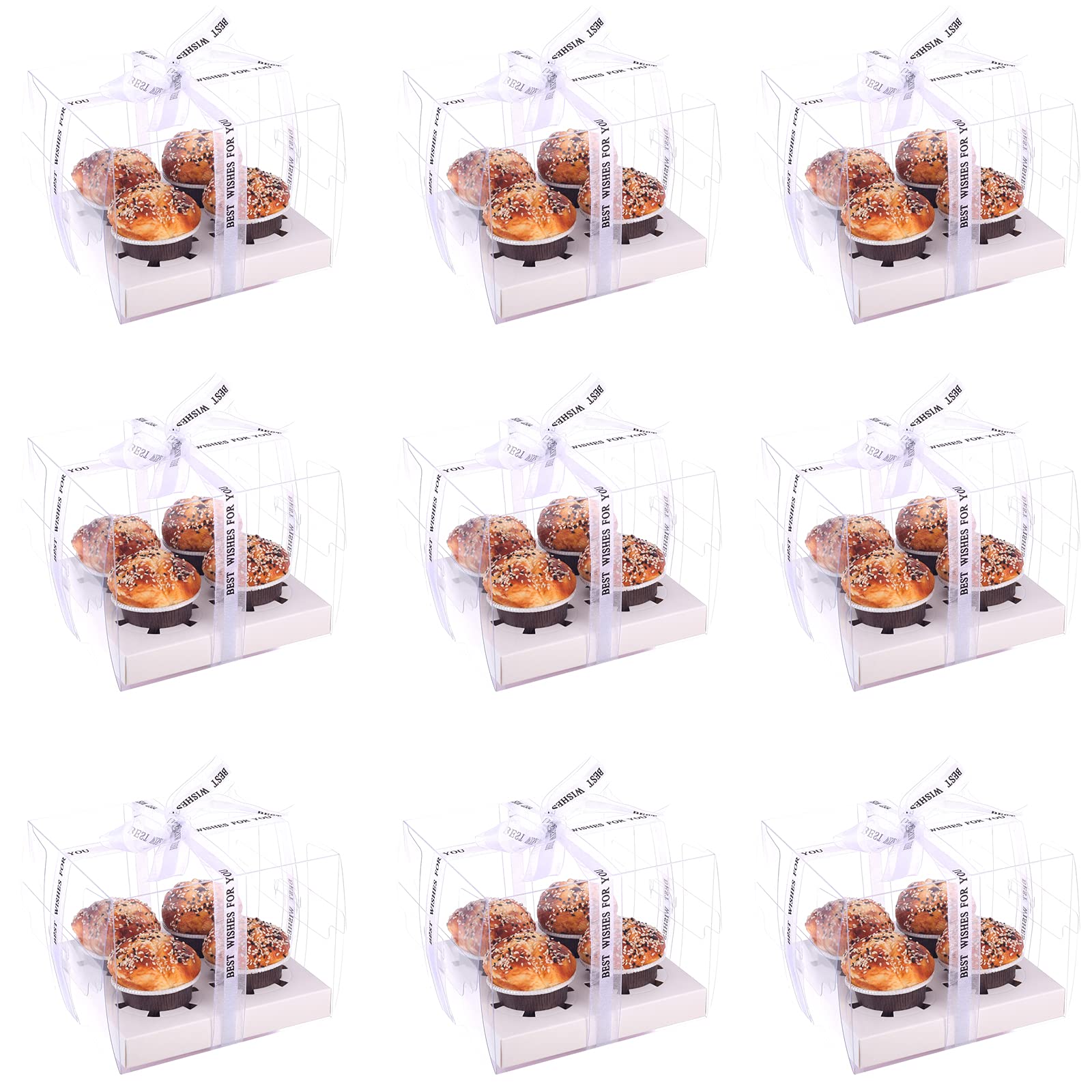 12 Pcs Clear Cupcake Boxes, Hold 4 Standard Cupcakes or Muffins 7 “X 7” X 5.5“,cupcake Box with Inserts and Ribbon,Cupcake Containers,for Wedding Party,Baby Baptism Cake Display Box(White)