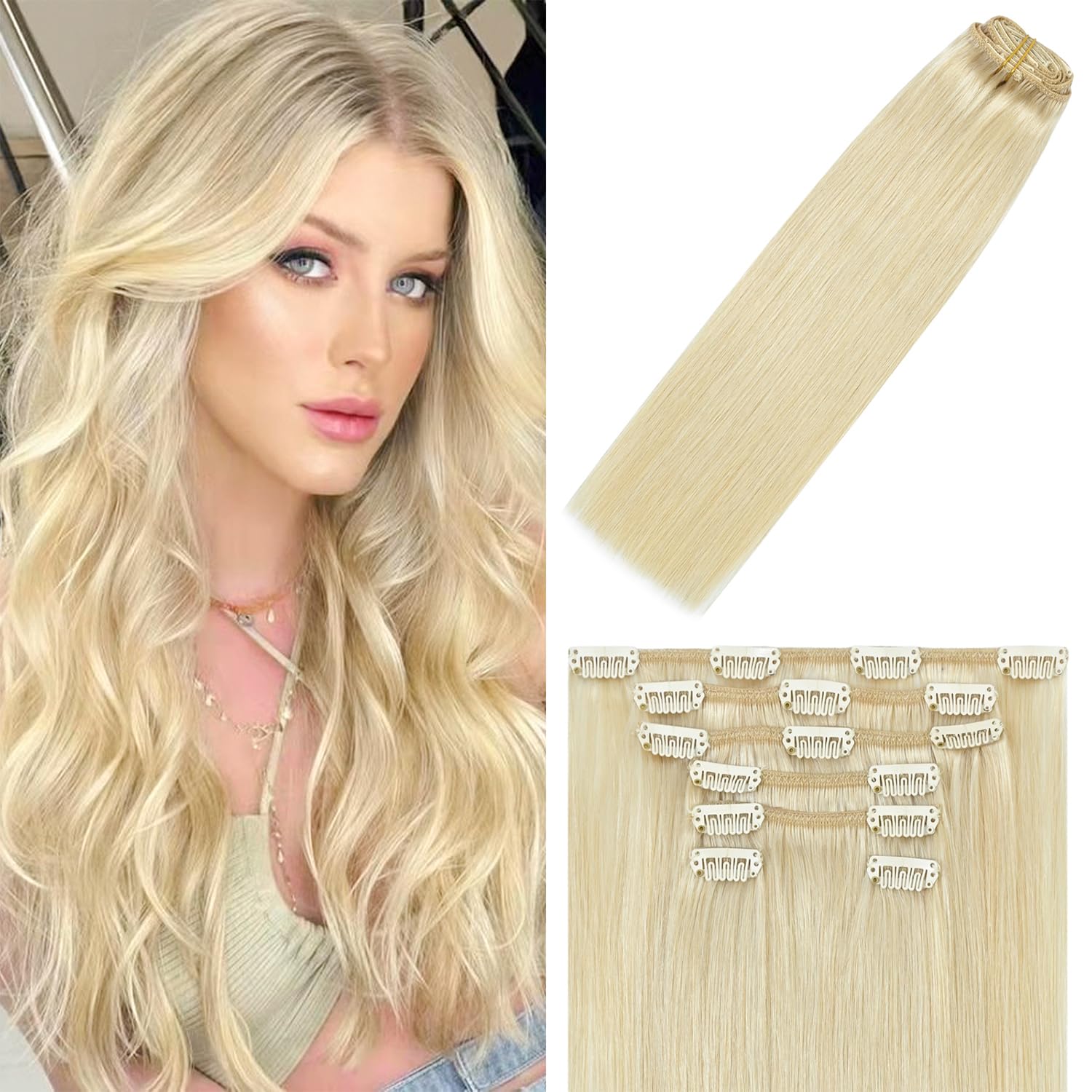 WindTouch Clip in Hair Extensions Blonde Hair Extensions 12 inch #60 Platinum Blonde Human Hair Clip in Extensions Silky Straight 75g 7PCS
