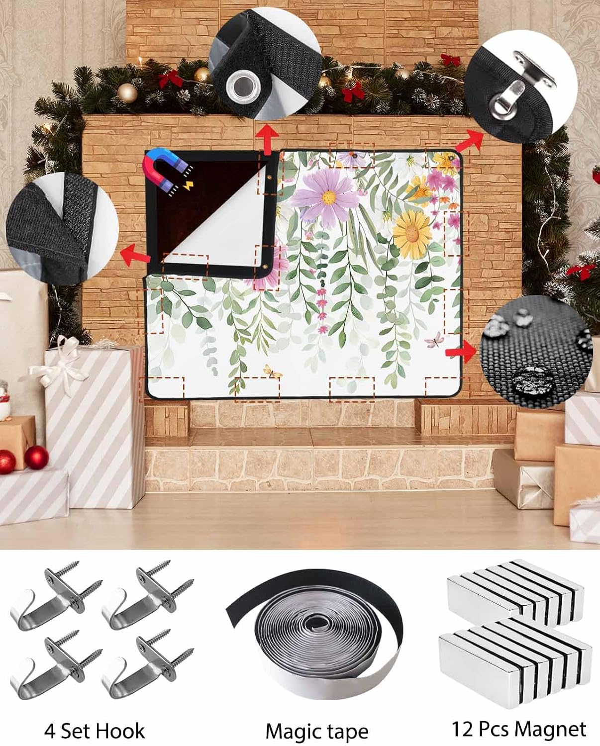 Magnetic Fireplace Cover Spring Floral Fireplace Screen Decorative Daisy Eucalyptus Leaves Insulation Fireplaces Blocker Blanket Save Energy Fireplaces Draft Stopper Covers for Living Room 39x32 Inch