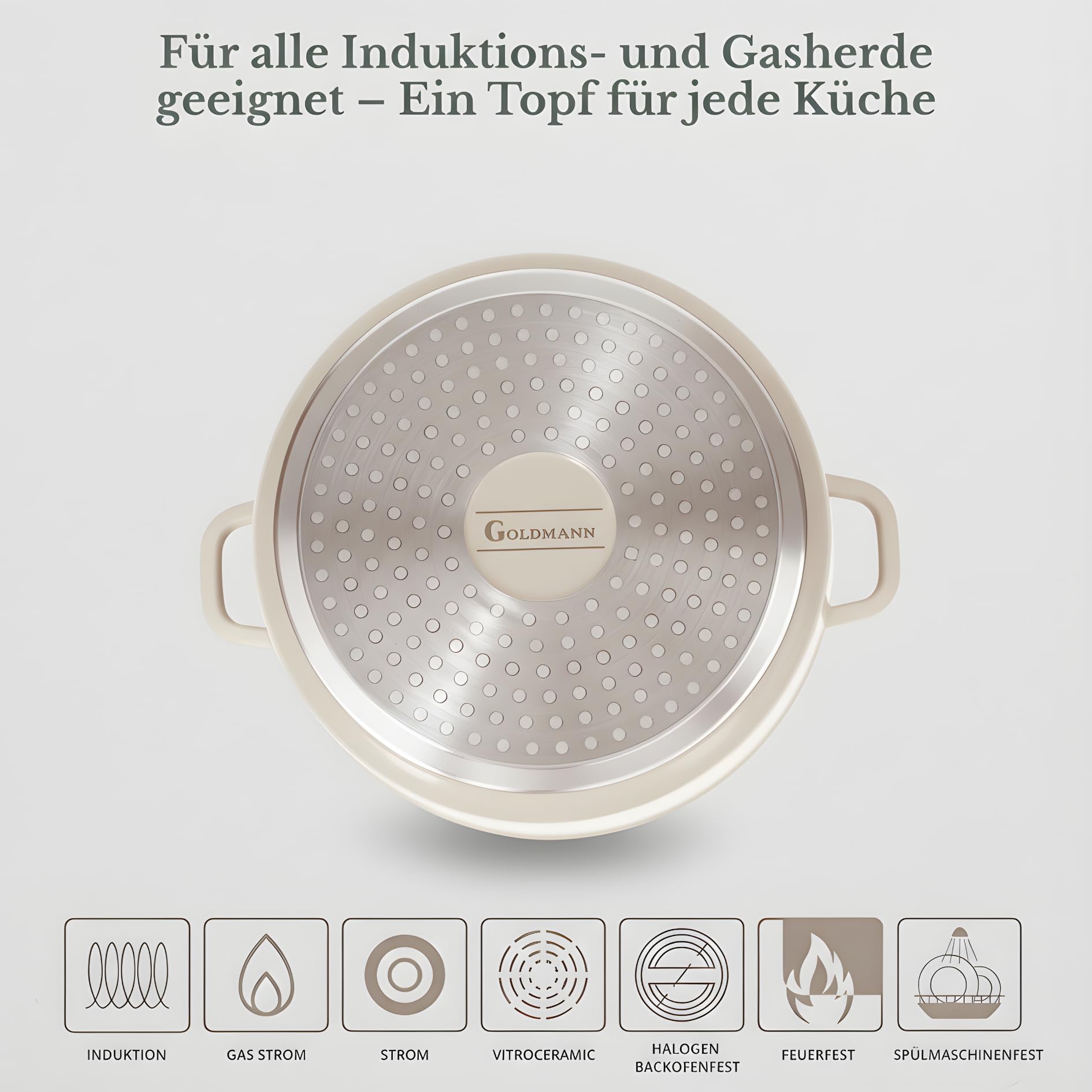 GOLDMANN Olla de Cocina de Aluminio Fundido con Tapa de Vidrio Selic, Revestimiento Antiadherente Cerámico Mármol Saludable & Apta para Inducción y Todas las Cocinas (Beige, 20 CM)