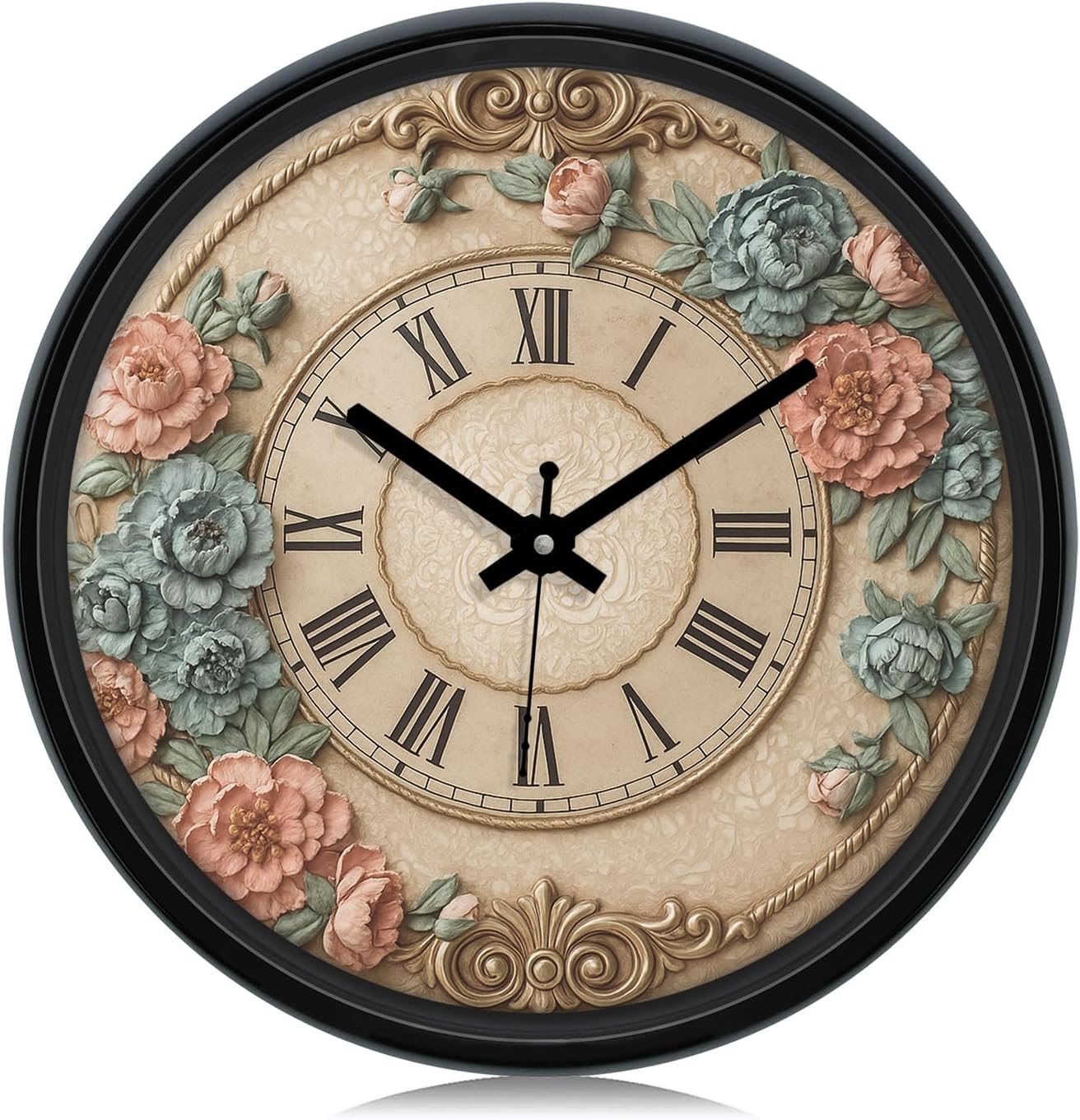 Amazon Brand - Solimo 12-inch Plastic & Glass Analog Wall Clock - Victorian Bliss(Silent Movement), Black