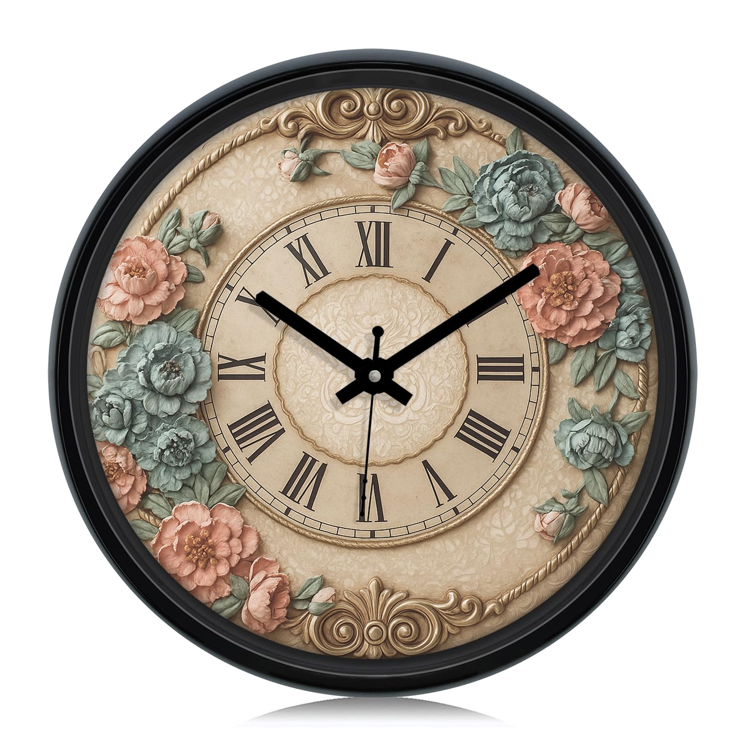 Amazon Brand - Solimo 12-inch Plastic & Glass Analog Wall Clock - Victorian Bliss(Silent Movement), Black