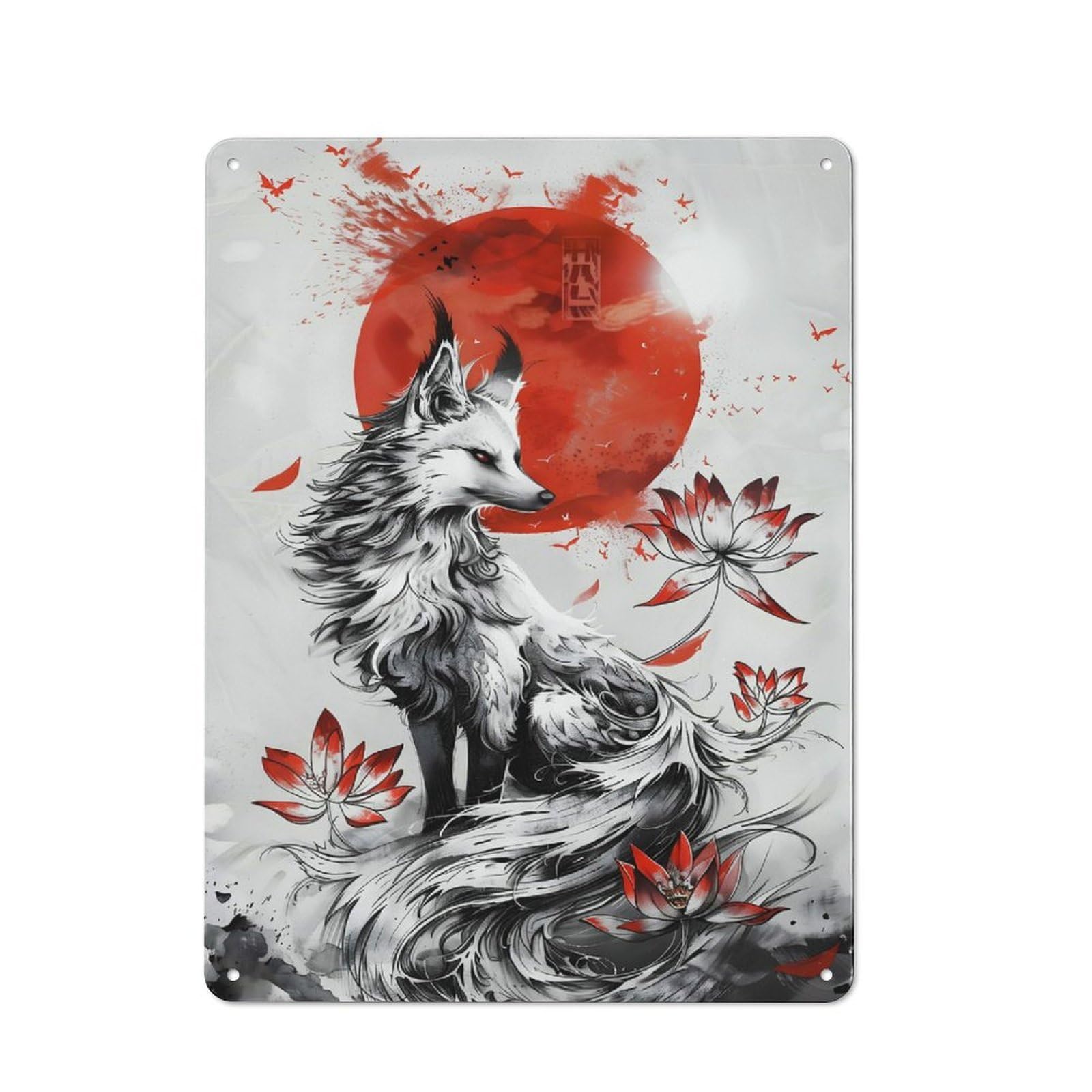 Junmoney Style-1 Kitsune Japanese Fox Vintage Metal Wall Sign 40X30cm For Garage Wall, Suited To Garage Decor Collectors
